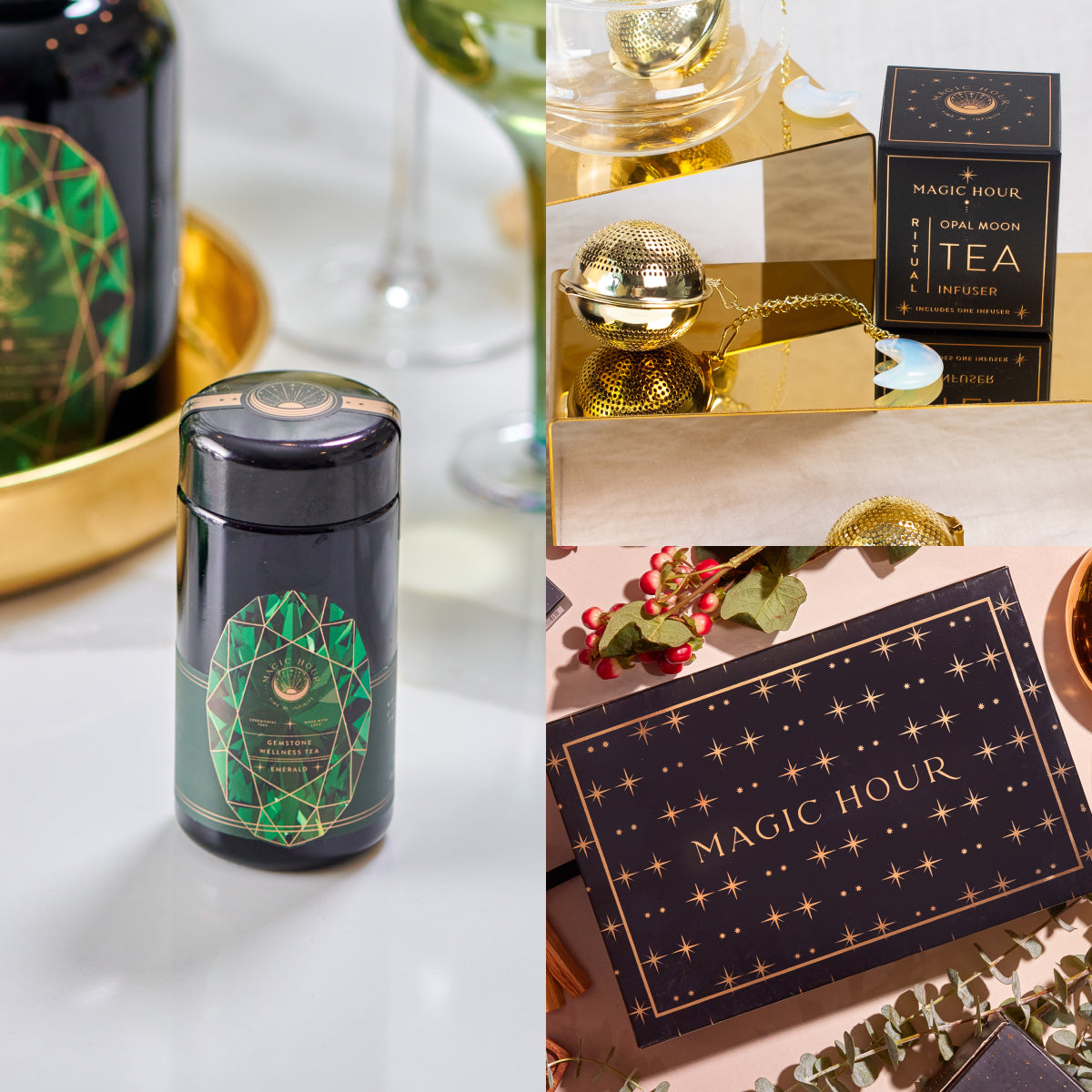 A collage of three images: a tea container with geometric green designs, a gold tea infuser near a box labeled "Emerald May Birthstone Mini Gift Set," and a flat-lay of a dark blue "Magic Hour" box with gold stars, surrounded by herbs.