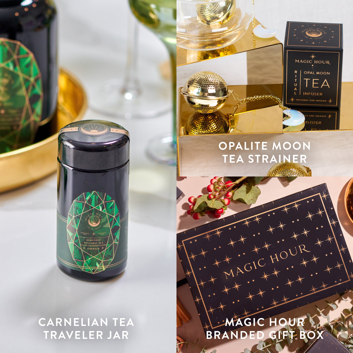 The image is a collage featuring a Carnelian Tea Traveler Jar, an Opalite Moon Tea Strainer, and the Emerald May Birthstone Mini Gift Set. All items are elegantly packaged, with the tea jar and gift box decorated in a starry design that highlights the wellness benefits of each component.