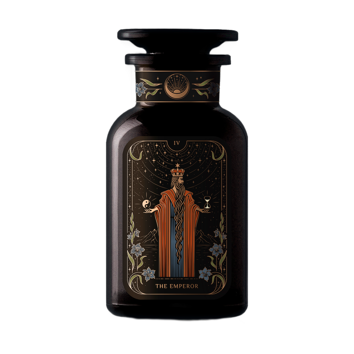 A dark glass bottle showcases an artistic label portraying &quot;The Emperor&quot; tarot card, symbolizing Tarot archetypes. The illustration features a regal figure decked in elaborate robes and a crown, holding scepters in both hands. Organic botanicals and floral elements embellish the lower corners of the label.