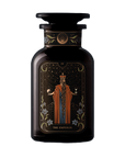 A dark glass bottle showcases an artistic label portraying "The Emperor" tarot card, symbolizing Tarot archetypes. The illustration features a regal figure decked in elaborate robes and a crown, holding scepters in both hands. Organic botanicals and floral elements embellish the lower corners of the label.