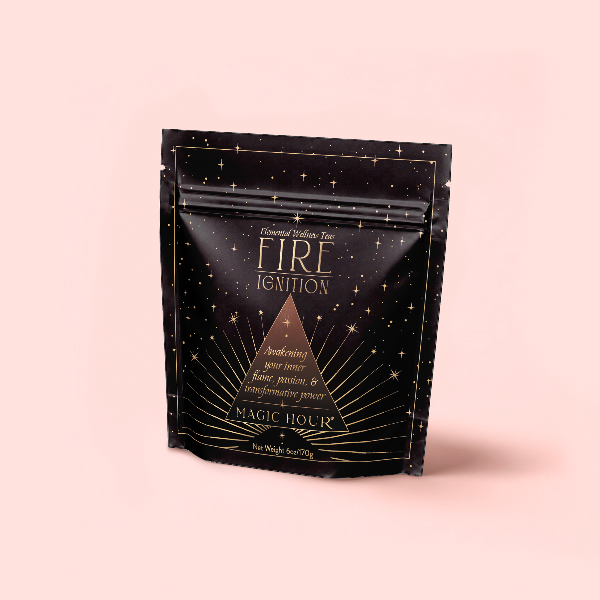 The "FIRE: Spiced Black Tea with Ginger and Cardamom to Ignite Courage and Vitality" comes in a black resealable pouch with gold geometric and star designs, offering an eye-catching look that matches its adaptogenic, vibrant blend.
