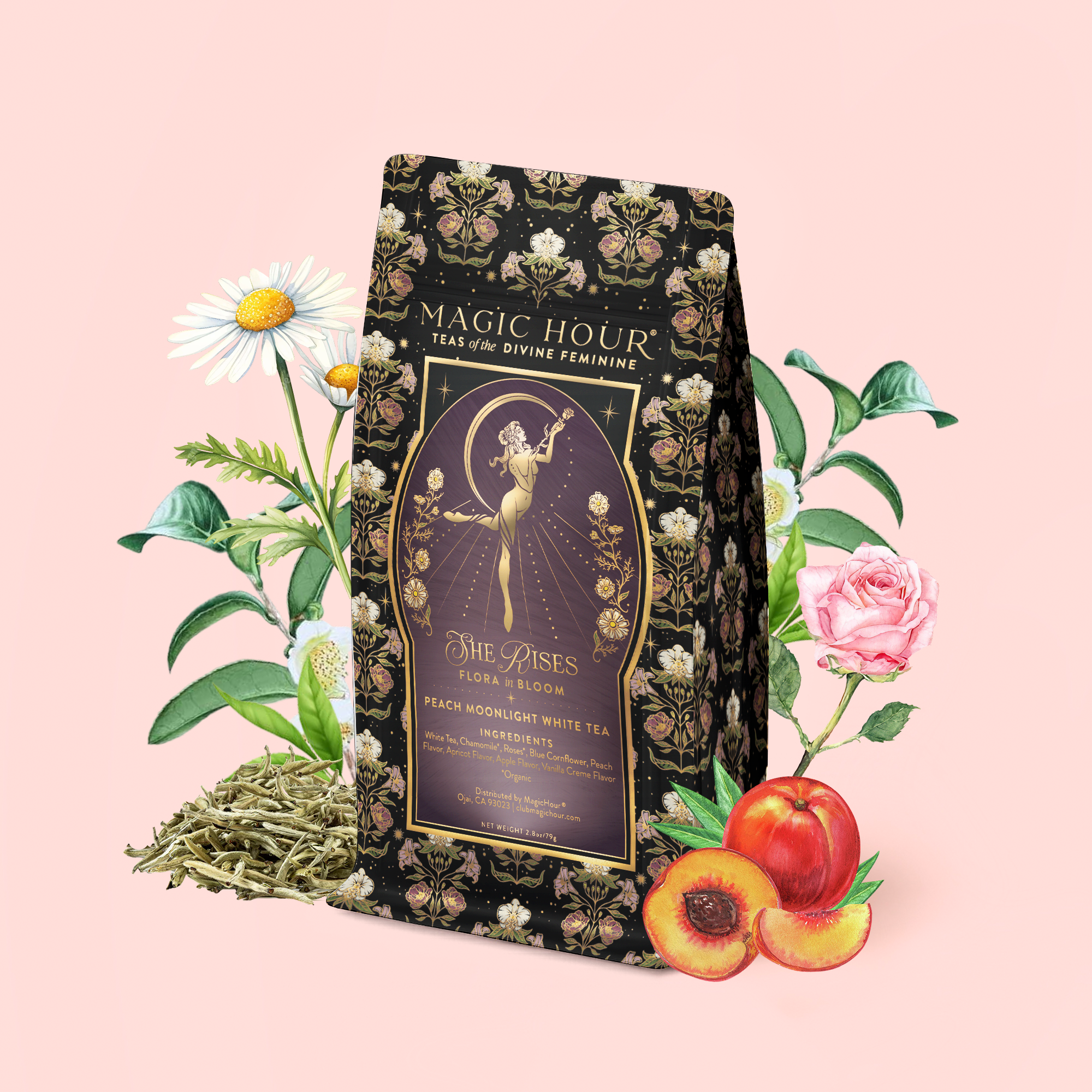 A package of Flora In Bloom: Peach Moonlight White Tea featuring a fairy-themed design is surrounded by daisies, roses, greenery, loose leaves of Moonlight White Tea (Yue Guang Bai), and a sliced peach, all arranged on a pale pink background.