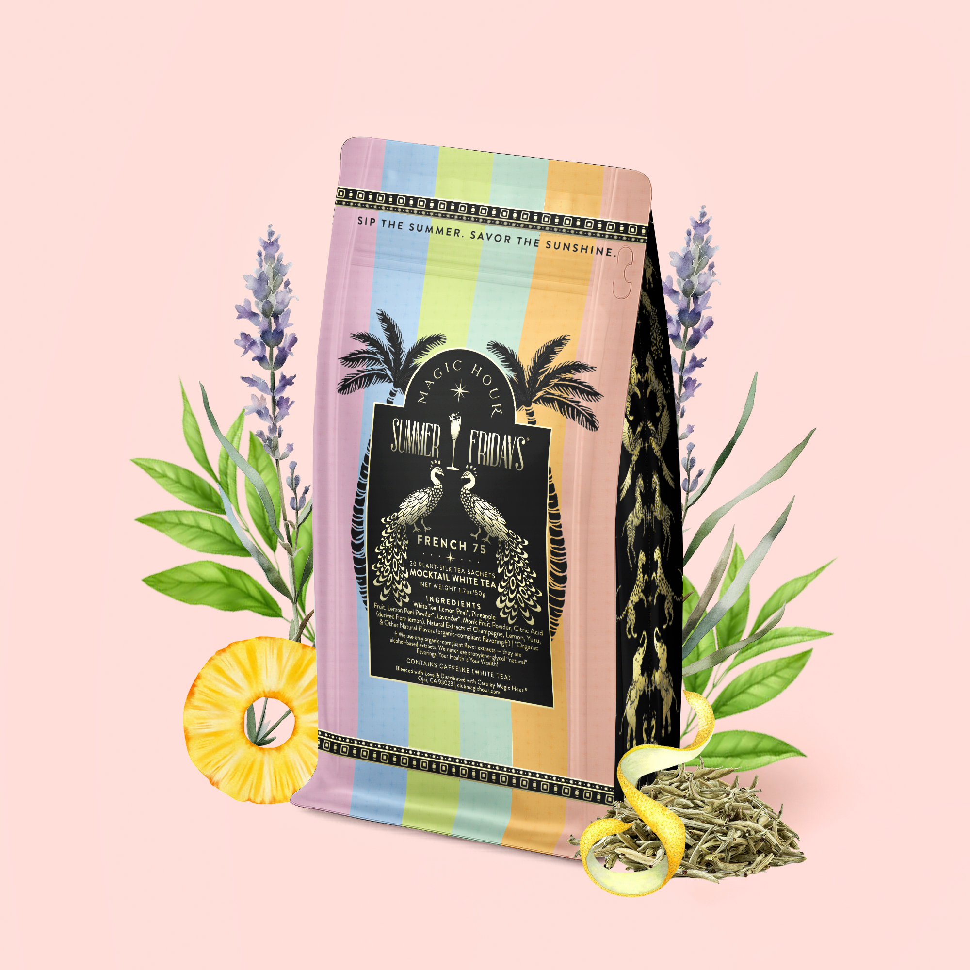 A vibrant bag of French 75: Lemon Sparkling Wine White Mocktail Tea for Cool, Calm Radiance sits against a pastel pink background, adorned with tropical and botanical details like pineapple, French lavender, lemon slices, and green leaves. The packaging showcases playful palm tree and peacock illustrations—perfect for creating a wellness mocktail centered around Silver Needle white tea.