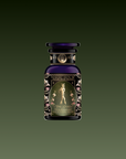 A decorative perfume bottle labeled "Freya: The Radiant," adorned with gold and floral designs, featuring a central woman figure, set against a gradient dark green background.
