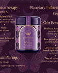 Discover the celestial connection of Ceremonial Bath Soaks in purple packaging, labeled "Magic Hour" and "Friday Venus." Infused with rose, ylang-ylang, and geranium for aromatherapy benefits, enhance your self-care ritual with Venus-infused skin benefits and a paired tea ceremony.