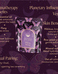 The Ceremonial Bath Soaks - Luxe Refill Pouch features a vibrant label with butterfly designs, highlighting aromatherapy, skin benefits, and Venus's influence. Ideal for celestial self-care rituals, it is set against a mystical starry backdrop.