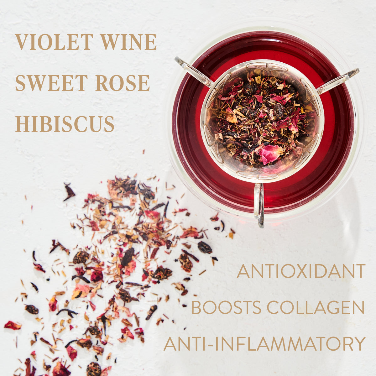 A top-down view of a glass containing a vibrant reddish-purple beverage with floral ingredients. Dried flower petals are scattered beside the glass. Text reads: "Garnet: Violet Wine Gemstone Wellness Tea" and "Antioxidant, Boosts Collagen, Anti-Inflammatory." Magic Hour's perfectly blended Loose Leaf Tea for a magical experience.