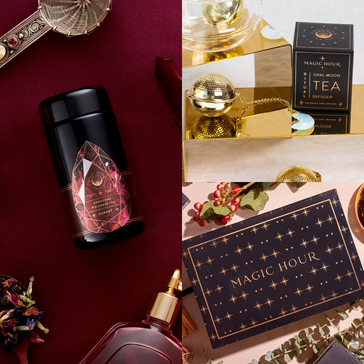 A collage of tea-related products featuring a black tea tin with a geometric design, a gold tea infuser alongside the Garnet January Birthstone Mini Gift Set, and a box with "Magic Hour" in gold lettering, all set against a backdrop of festive and elegant settings.