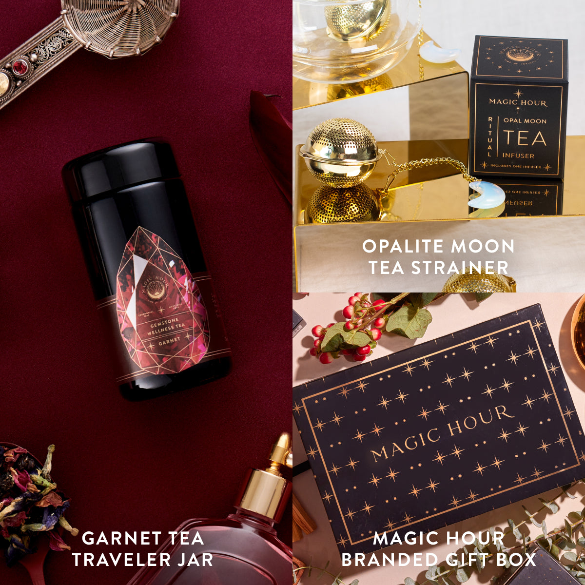 A beautifully arranged collage showcases the Garnet January Birthstone Mini Gift Set, which includes an elegant tea traveler jar, a charming tea strainer, and a branded gift box. The set is presented on dark, textured surfaces adorned with golden spheres and floral elements that highlight its gemstone wellness theme.