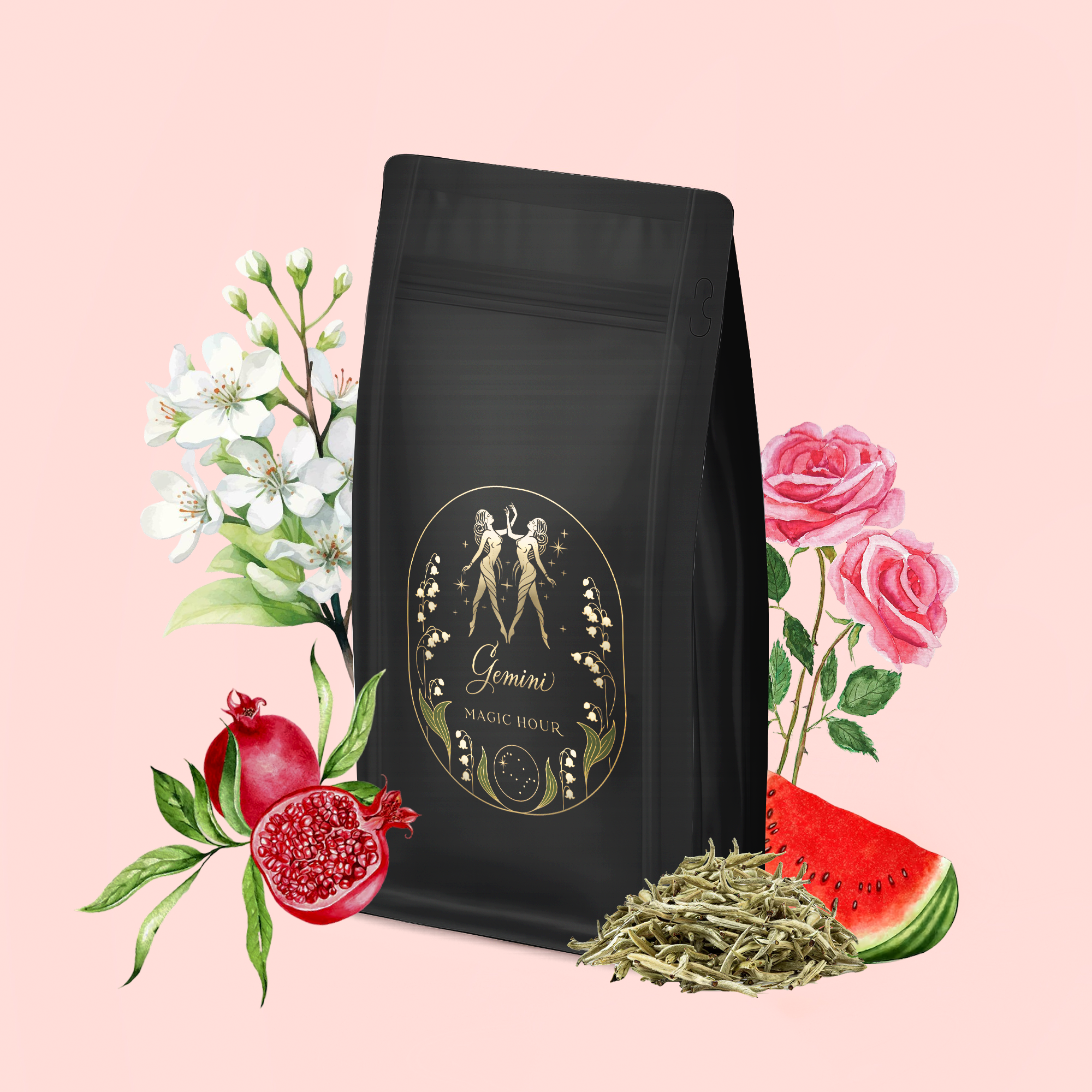 A black tea package labeled "Gemini: Watermelon-Rose-Mulberry Pomegranate Tea for Beauty, Balance &amp; Quenching Curiositeas" is surrounded by rose petals, pomegranate, watermelon slice, Silver Needle White Tea, and loose tea leaves on a light pink background.