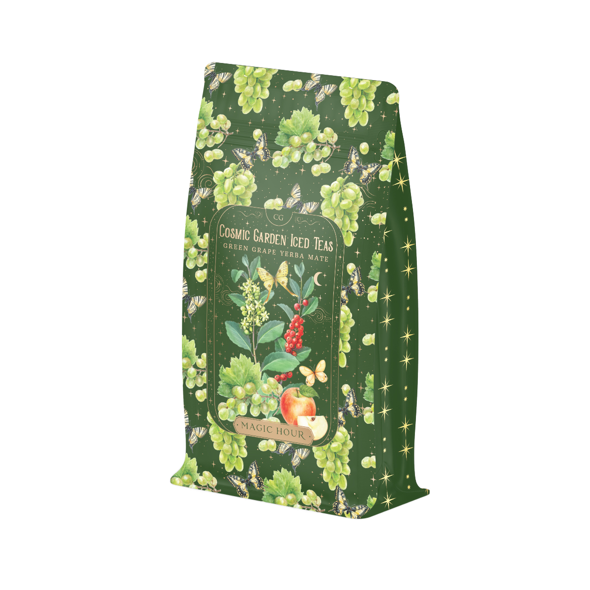 A green package of Green Grape Yerba Mate: Cosmic Garden Iced Tea from Magic Hour. The design features illustrations of green grapes, honeybees, and apple slices on a dark green background, giving it a natural and whimsical look. Enjoy this delightful organic tea in loose leaf form.