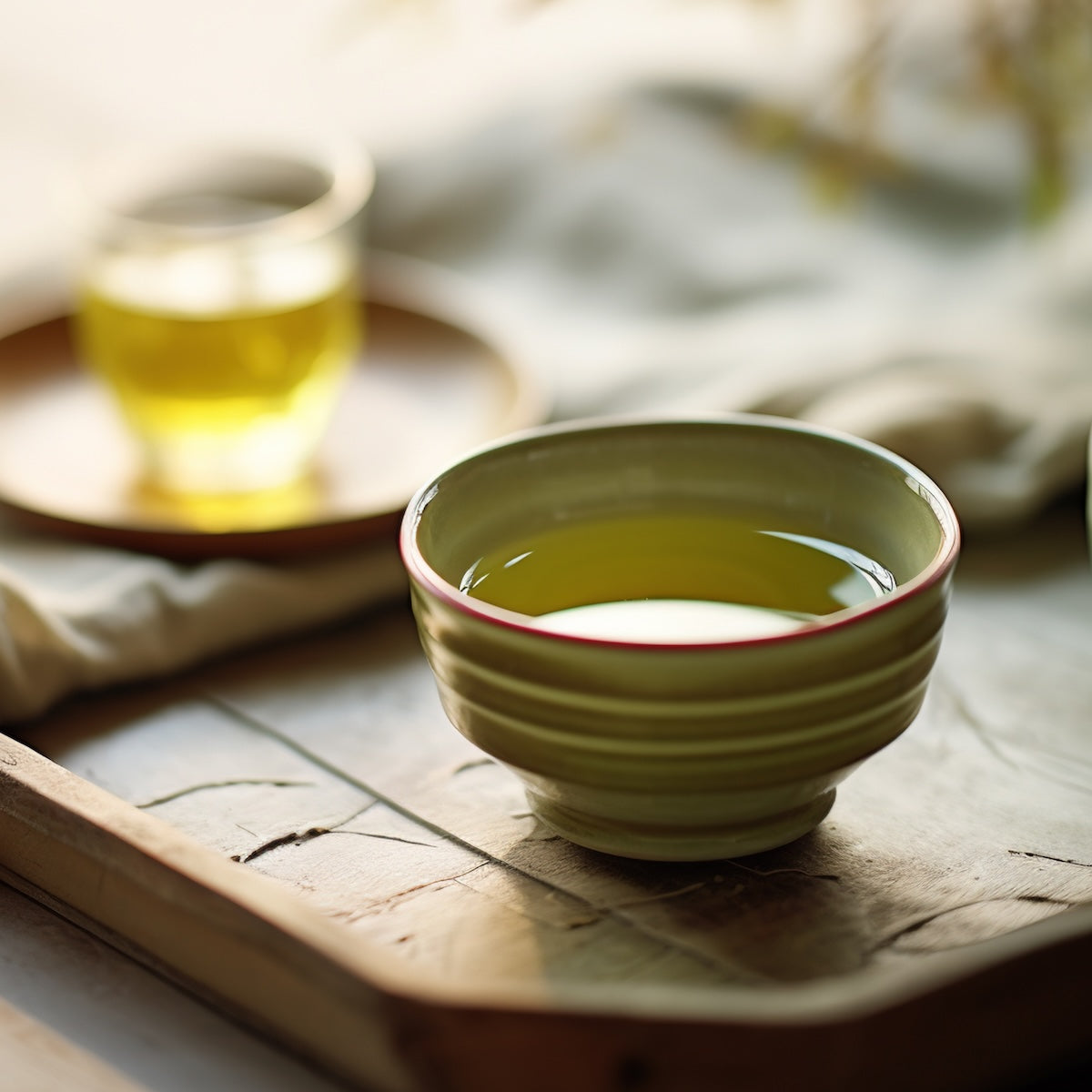 A ceramic cup of Guizhou green tea rests on a wooden tray, next to a small glass cup of Organic Decaf Green Tea and a folded napkin, all softly illuminated in the background.