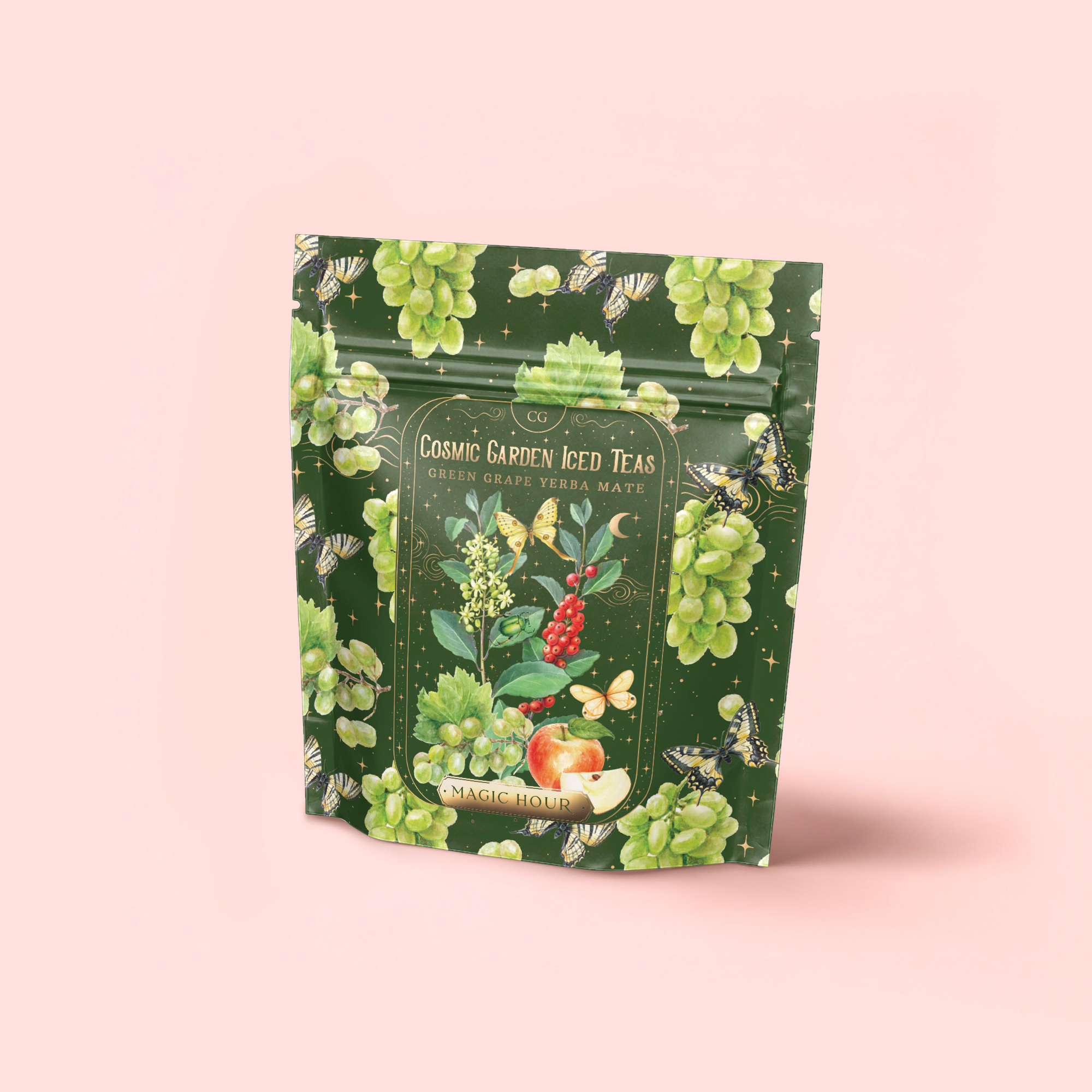 A resealable green pouch labeled "Green Grape Yerba Mate: Cosmic Garden Iced Tea" features grape, flower, bee, and fruit illustrations with a touch of spirulina on a pink background.