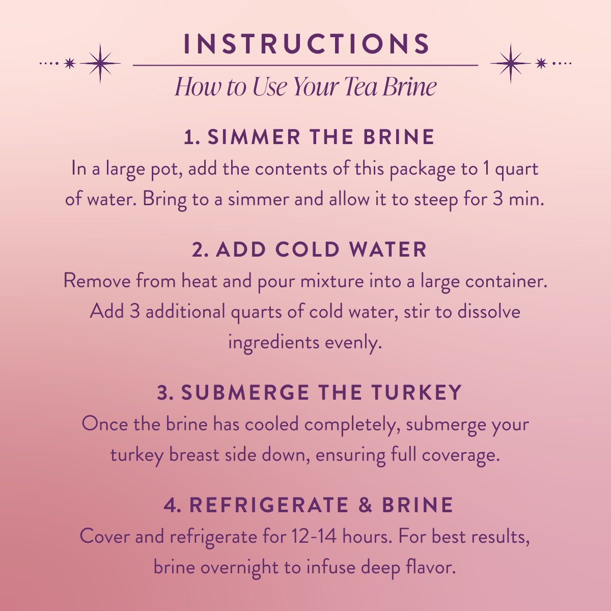 To use Lapsang Souchong Turkey Brine: Simmer brine in 1 qt water for 3 min, add 3 qts cold water and stir. Submerge cooled turkey breast side down, refrigerate 12–14 hrs, then roast.
