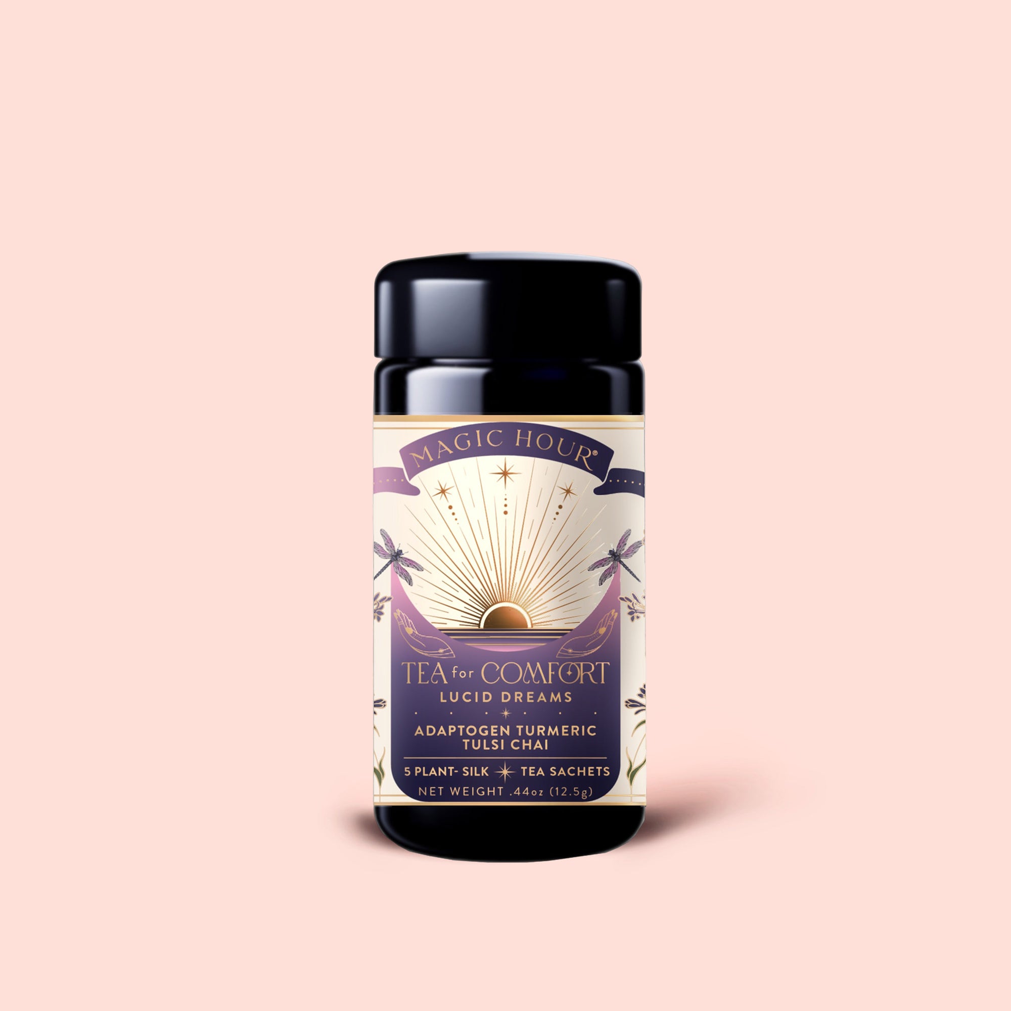 A jar of Tea for Comfort: Lucid Dreams: Turmeric-Tulsi Chai Tea—a soothing, caffeine-free blend crafted with care. The label features a sun, palm trees, and a purple and gold design on a pale pink background, perfectly reflecting the essence of this calming Tulsi turmeric herbal tea for sleep.
