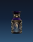 A dark royal blue perfume bottle labeled "Skadi The Sovereign - Winter Berry Puerh" features gold accents, a mythic archer illustration, and intricate floral designs, inspired by a berry-infused puerh tea ceremonial blend.