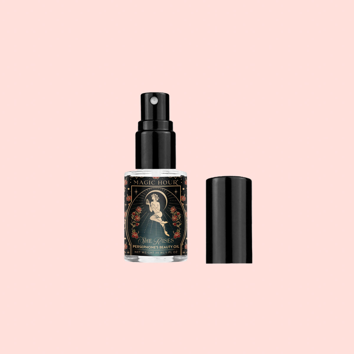 A small glass spray bottle with a black cap (placed beside it), adorned with a decorative label reading “Persephone’s Beauty Oil.” The label shows an illustrated woman seated among intricate florals, capturing the essence of a luxurious botanical blend. Set against a light pink background, it highlights the promise of a radiant complexion.