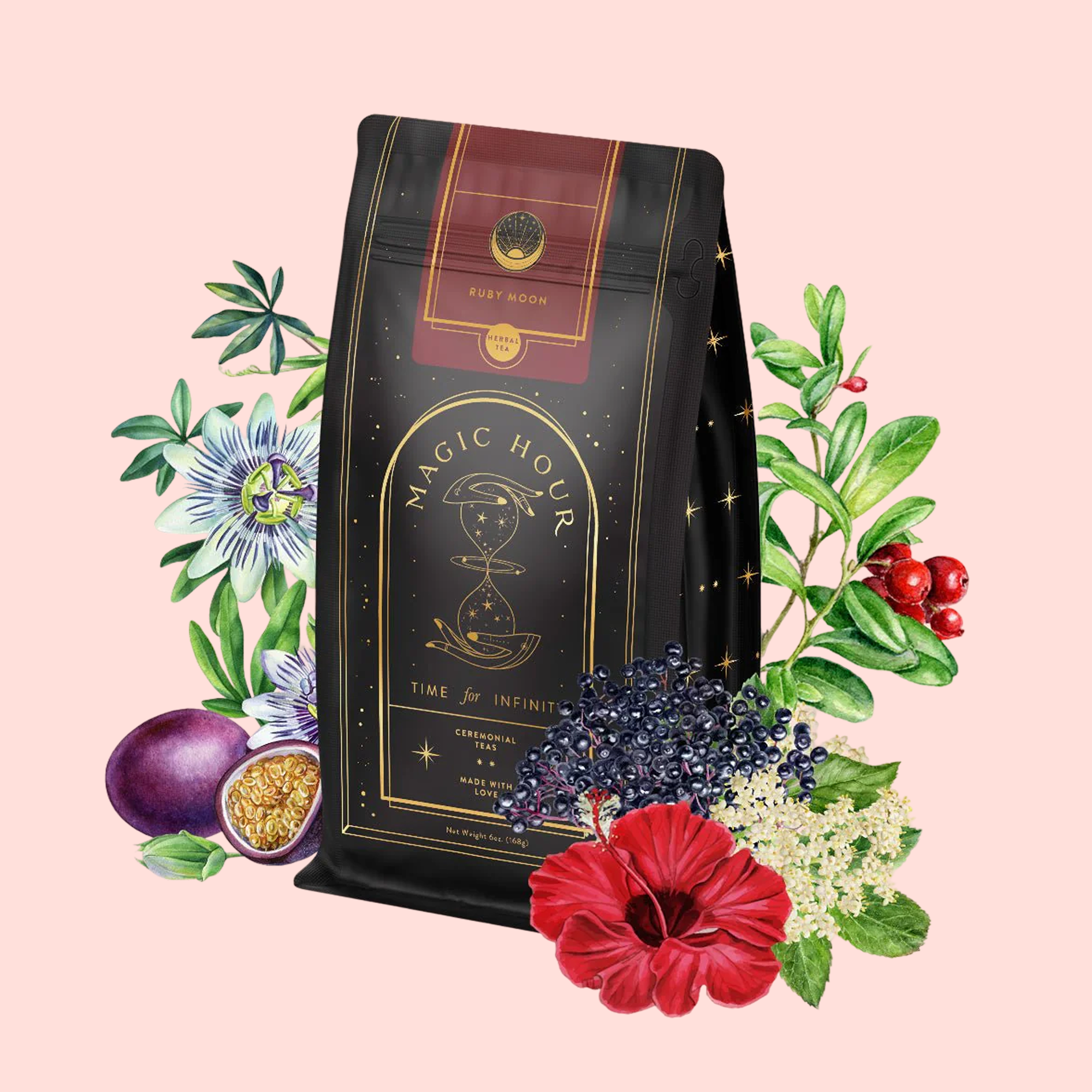 A black and gold bag of Ruby Moon™: Hibiscus Elderberry Tea is surrounded by passionflowers, berries, elderflowers, and green leaves on a light pink background. This caffeine-free blend is rich in vitamin C.