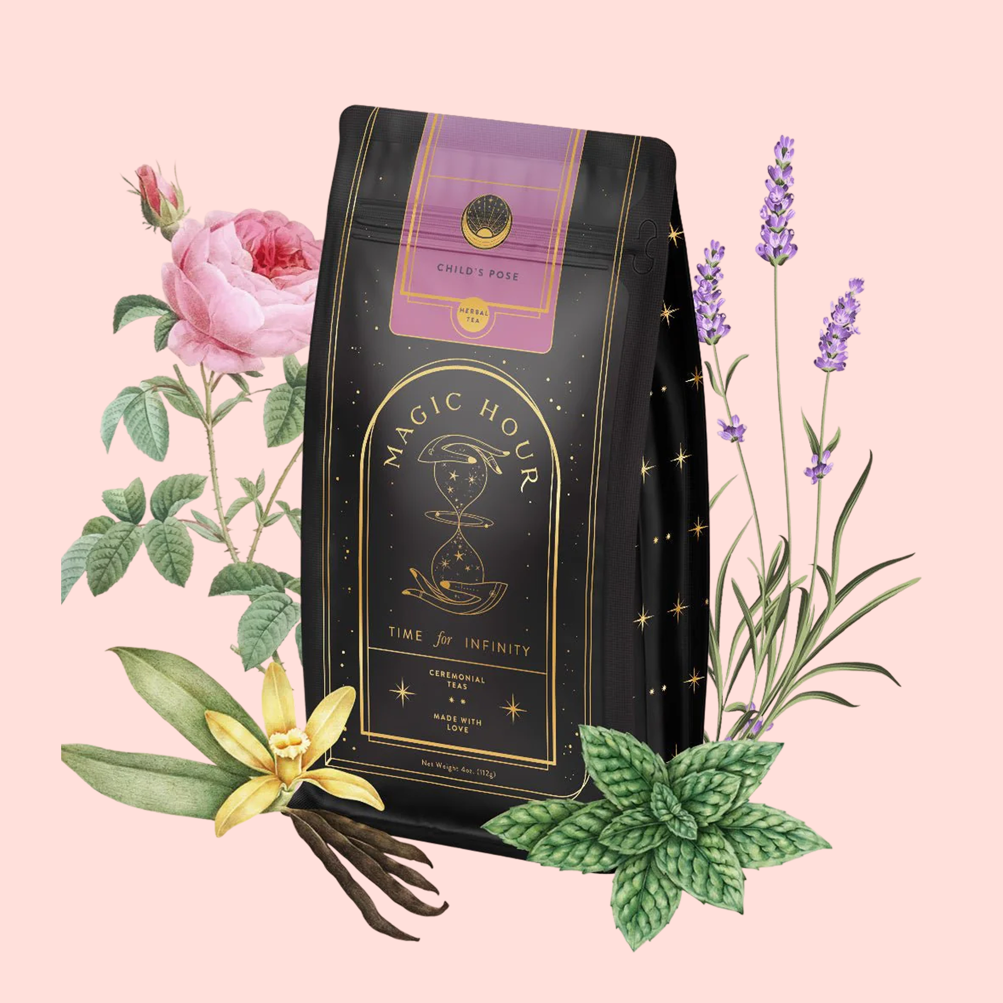 A black and gold "Child’s Pose™ Herbal Adaptogen Tea Blend for Sleep & Restful Calm" package is surrounded by illustrated pink rose, lavender, vanilla, and mint on a light pink background, highlighting its organic aromatherapeutic appeal.