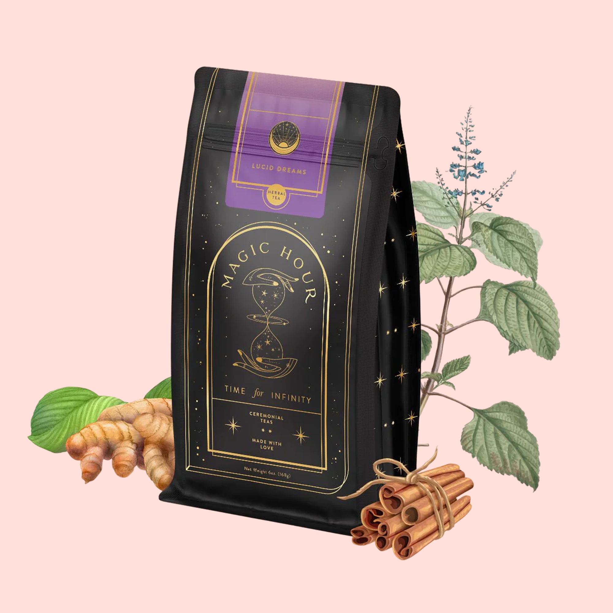 A black and gold bag of Lucid Dreams: Tulsi-Turmeric Herbal Tea for Sleep & Calm is shown with turmeric, cinnamon sticks, and herbs—ideal for those wanting a soothing tulsi tea or caffeine-free chai—on a light pink background.