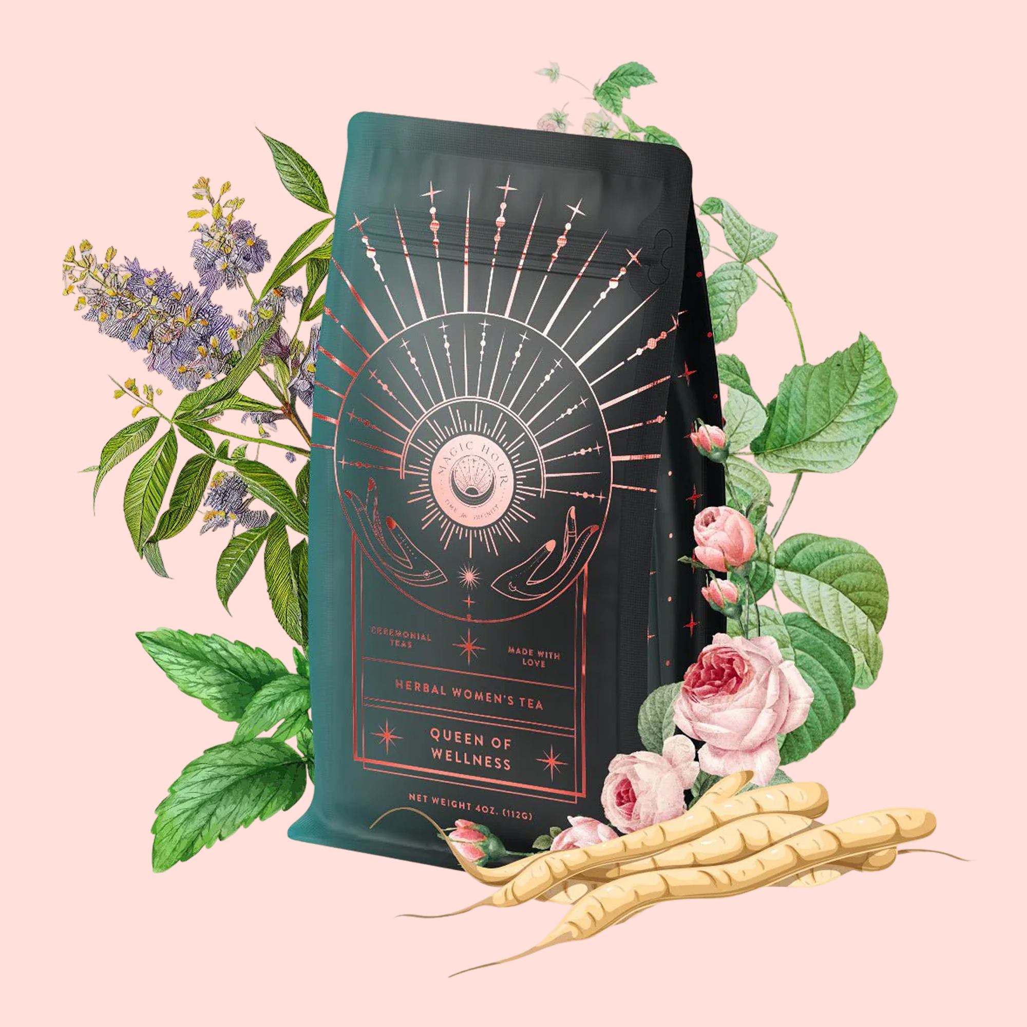 A dark green package labeled "Queen of Wellness: Women's Hormone Balancing Tea for PMS, Healthy Cycles &amp; Menopause" sits among illustrated flowers and ginseng roots on pale pink, highlighting organic herbal tea for women's reproductive wellness.