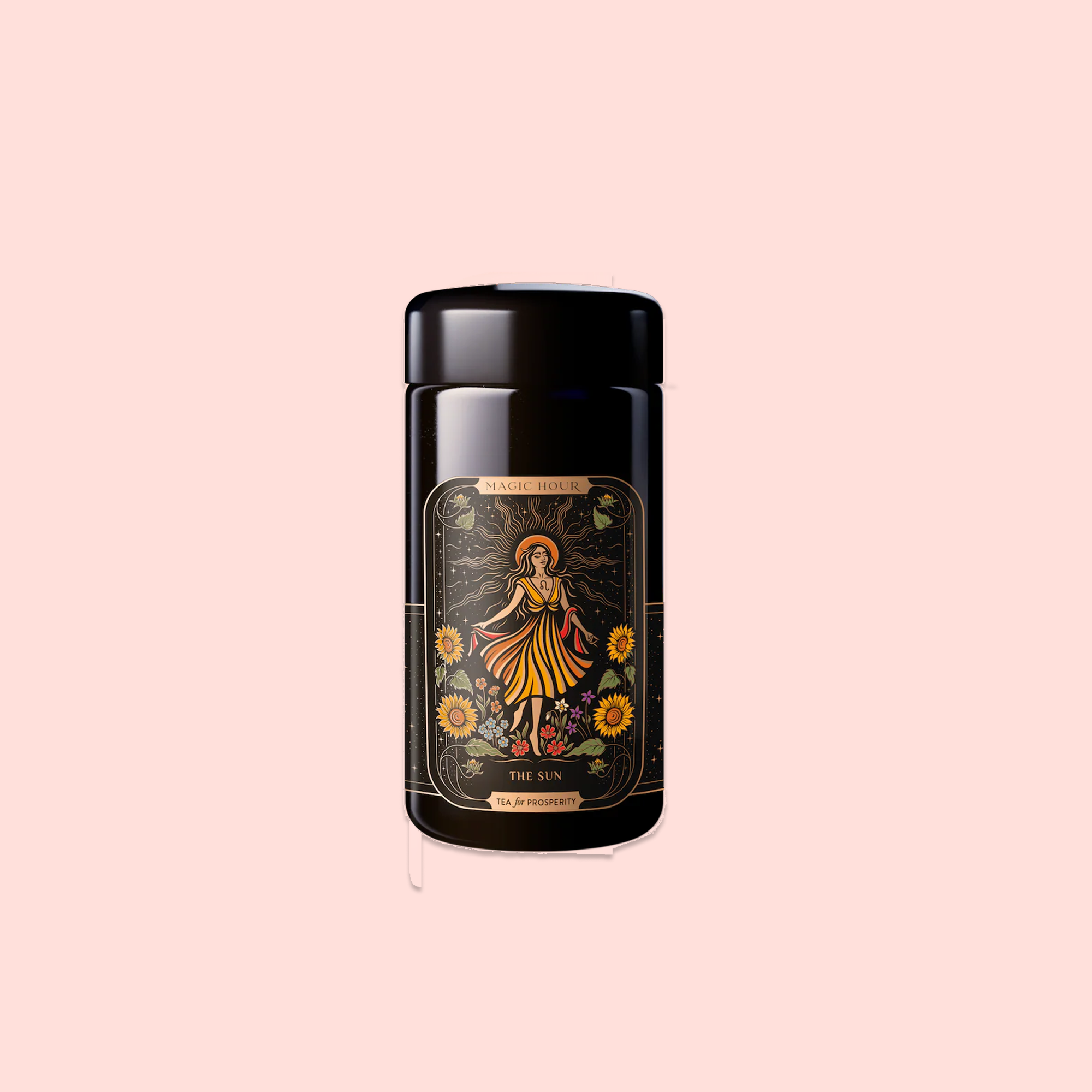 A black container labeled “The Sun: Energizing Adaptogenic Herbal Tea with Yaupon, Moringa &amp; Turmeric” shows an illustrated woman in a dress, sunflowers, and "THE SUN" text, set against a light pink background.