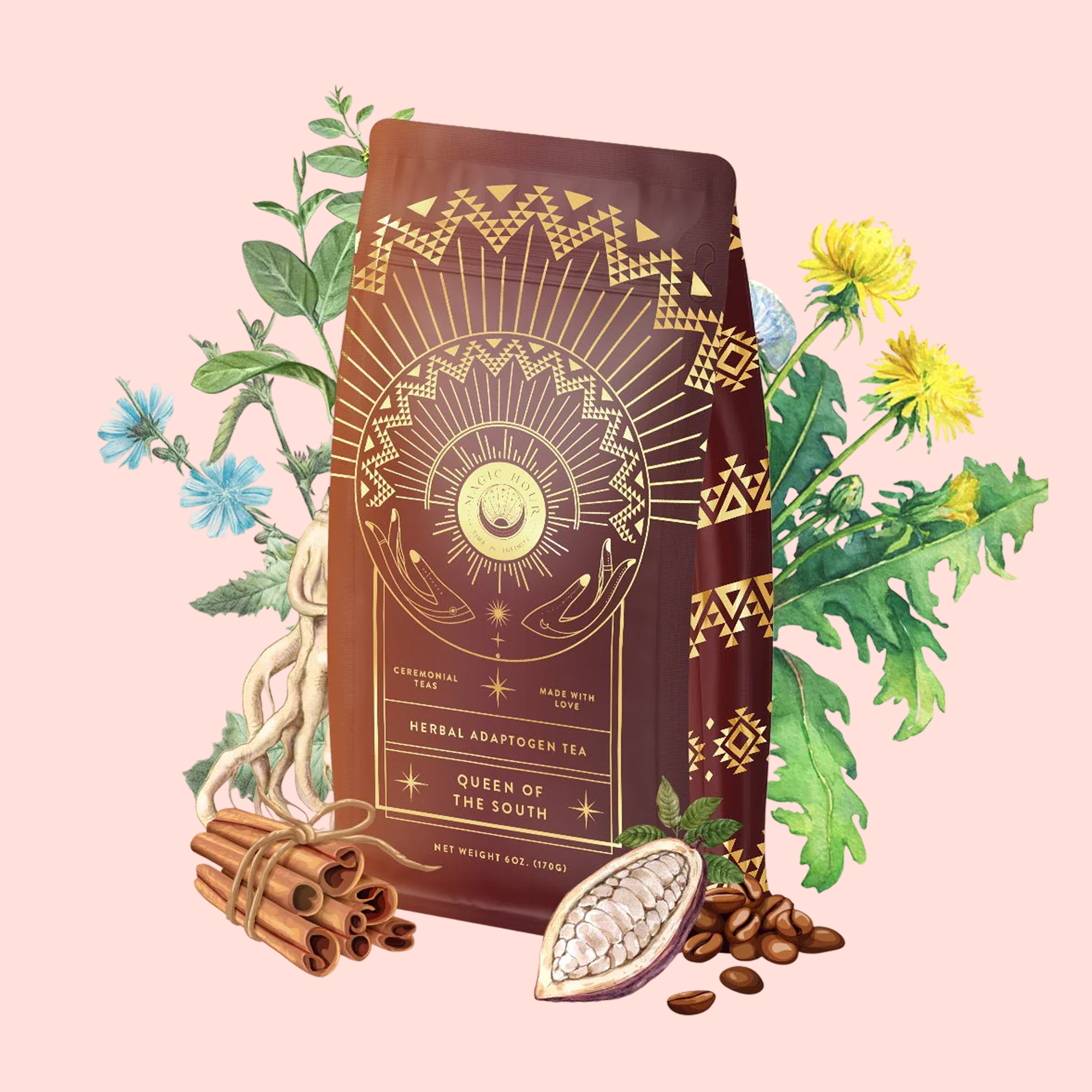 A brown package of Queen of the South Cocoa Detox Tea, featuring gold geometric designs and a sun motif, sits among chicory roots, dandelion leaves and flowers, cinnamon sticks, cocoa beans, and coffee beans on a light pink background.