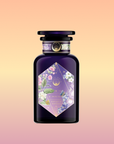 A dark purple perfume bottle with a gold-trimmed cap and a geometric floral label inspired by Provence flower tea displays "Perfumes of Provence: Lavender Bouquet Tea for Calm Moods and Beautiful Skin" on a peach-yellow gradient background.