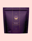 A purple resealable pouch labeled "Perfumes of Provence: Lavender Bouquet Tea for Calm Moods and Beautiful Skin" with gold stars and decorative text on pale pink evokes the calming essence of Provence flower tea.