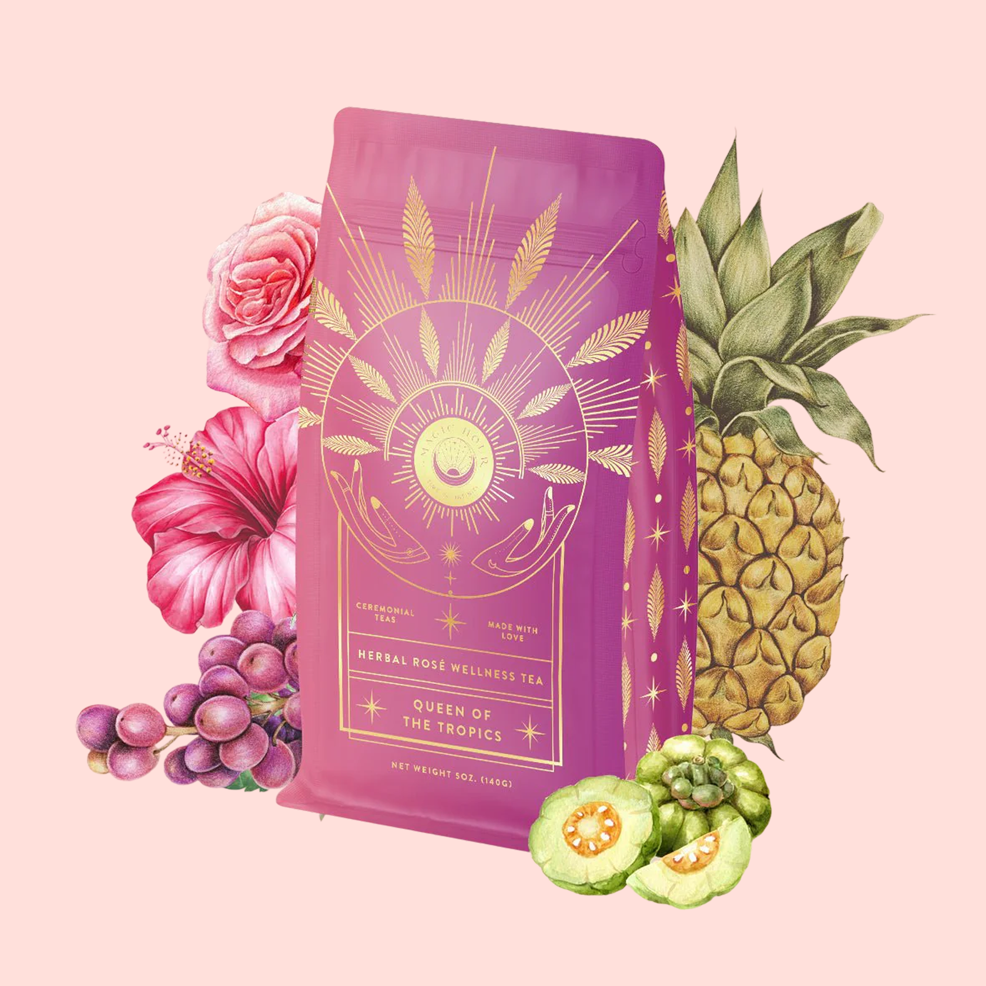 The Queen of the Tropics: Rosé all Day Alternative Tea features a vibrant pink package with gold celestial designs, surrounded by pineapple, hibiscus, grapes, guava, and Garcinia Cambogia on a pale pink background.