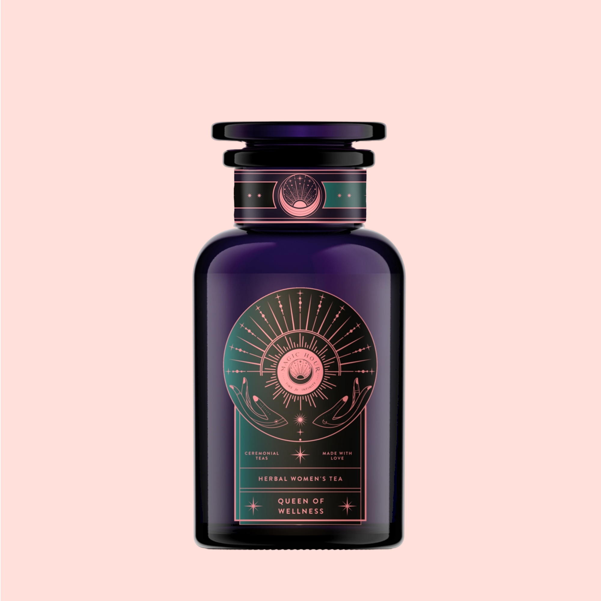 A dark purple glass jar with a label showing an eye, radiant lines, and two hands. The label reads "Queen of Wellness: Women's Hormone Balancing Tea for PMS, Healthy Cycles &amp; Menopause." Set on a light pink background.