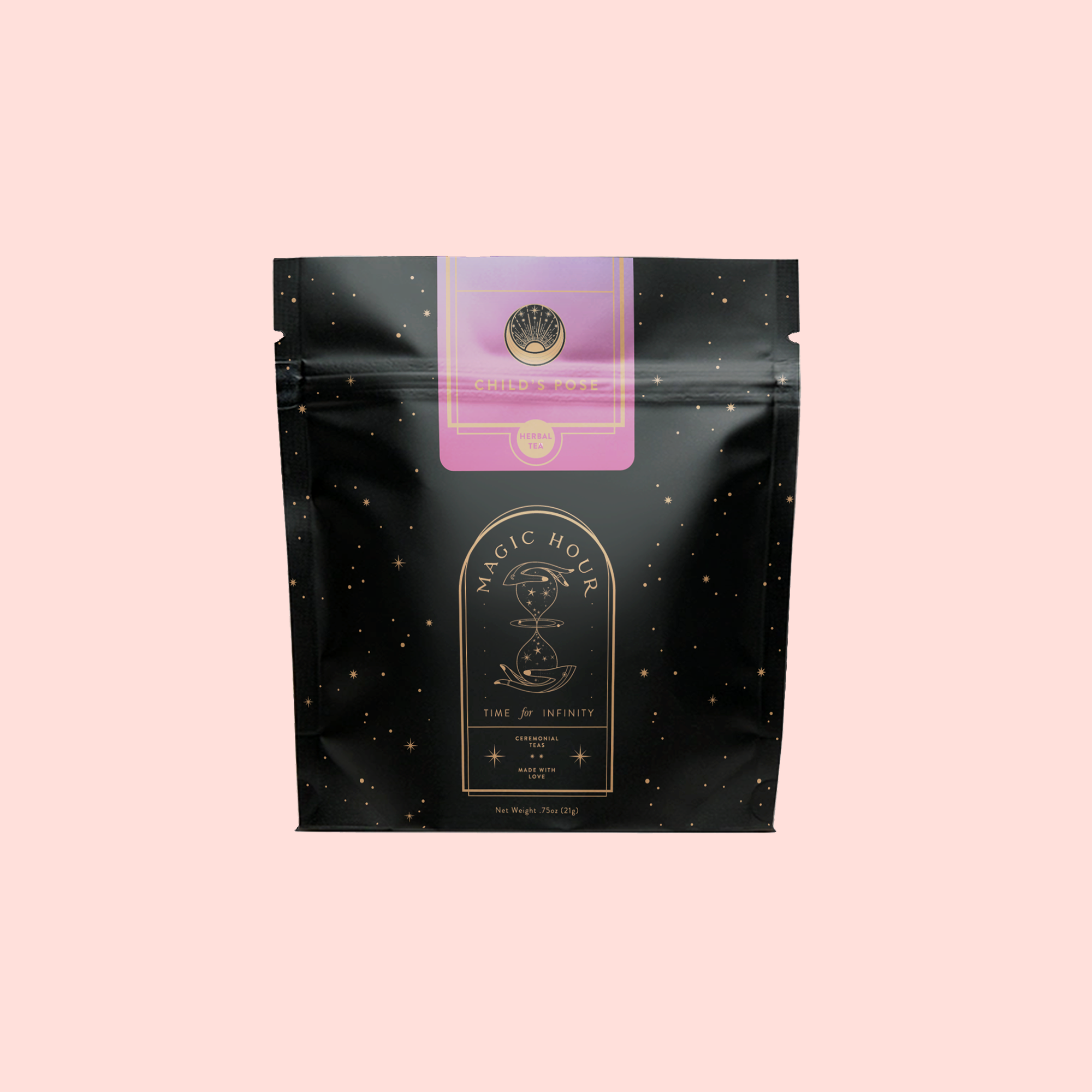 A black resealable pouch with gold speckles labeled "Child’s Pose™ Herbal Adaptogen Tea Blend for Sleep & Restful Calm," featuring an illustrated hourglass and cup with light purple and gold accents, set on a pale pink background.