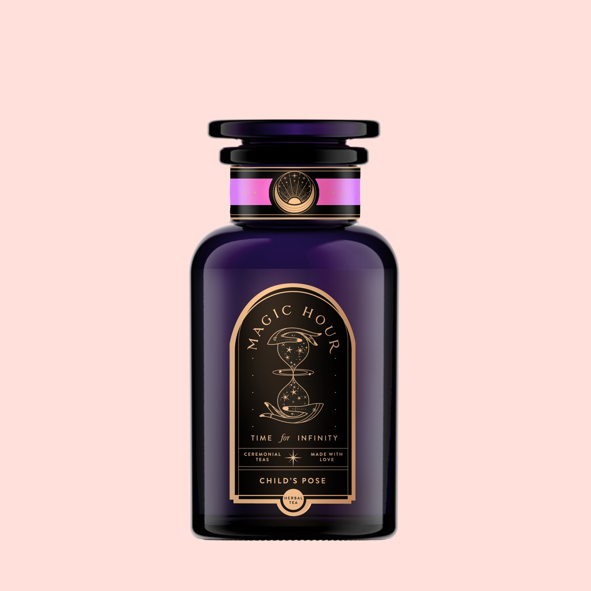 A dark purple glass bottle labeled “Magic Hour” with gold and black details, a round black lid, and celestial hourglass art holds Child’s Pose™ Herbal Adaptogen Tea Blend for Sleep &amp; Restful Calm, set against a light pink background.