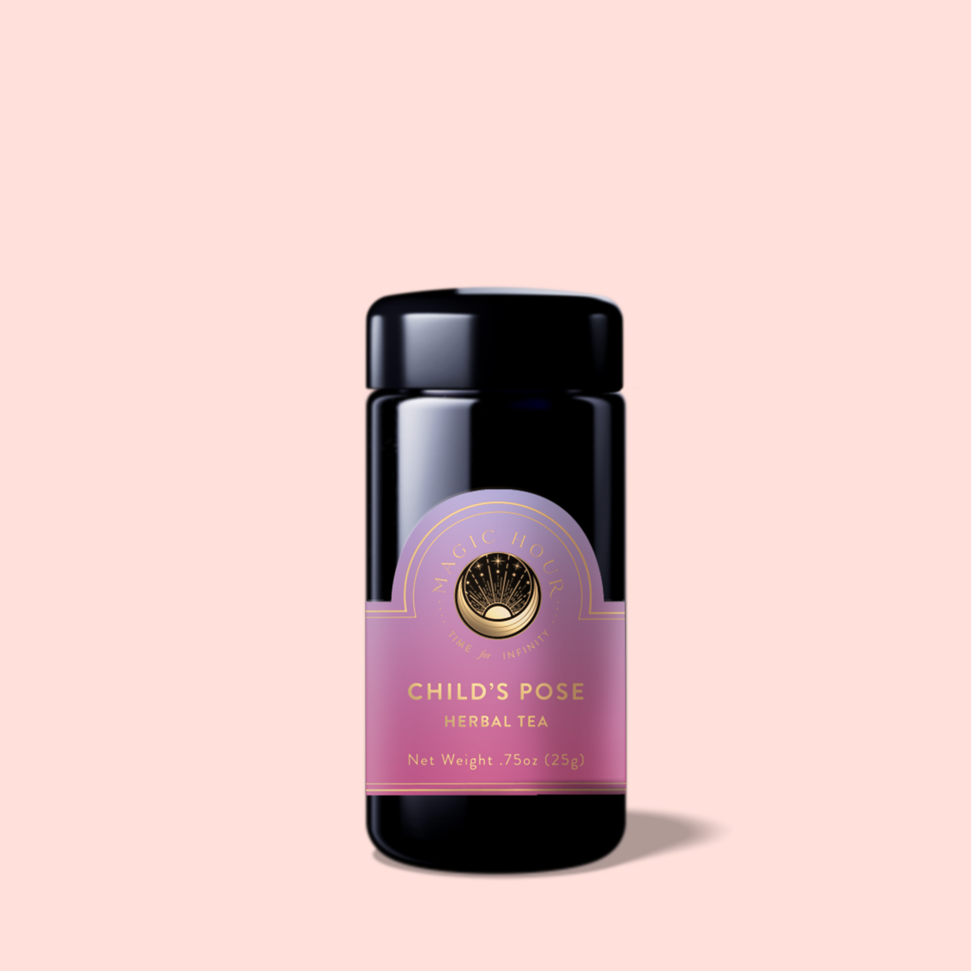 A dark glass jar labeled "Child’s Pose™ Herbal Adaptogen Tea Blend for Sleep &amp; Restful Calm" with a pink and gold design sits on a light pink background. The organic tea weighs 2.75 oz (25g).
