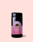 A dark glass jar labeled "Child’s Pose™ Herbal Adaptogen Tea Blend for Sleep & Restful Calm" with a pink and gold design sits on a light pink background. The organic tea weighs 2.75 oz (25g).