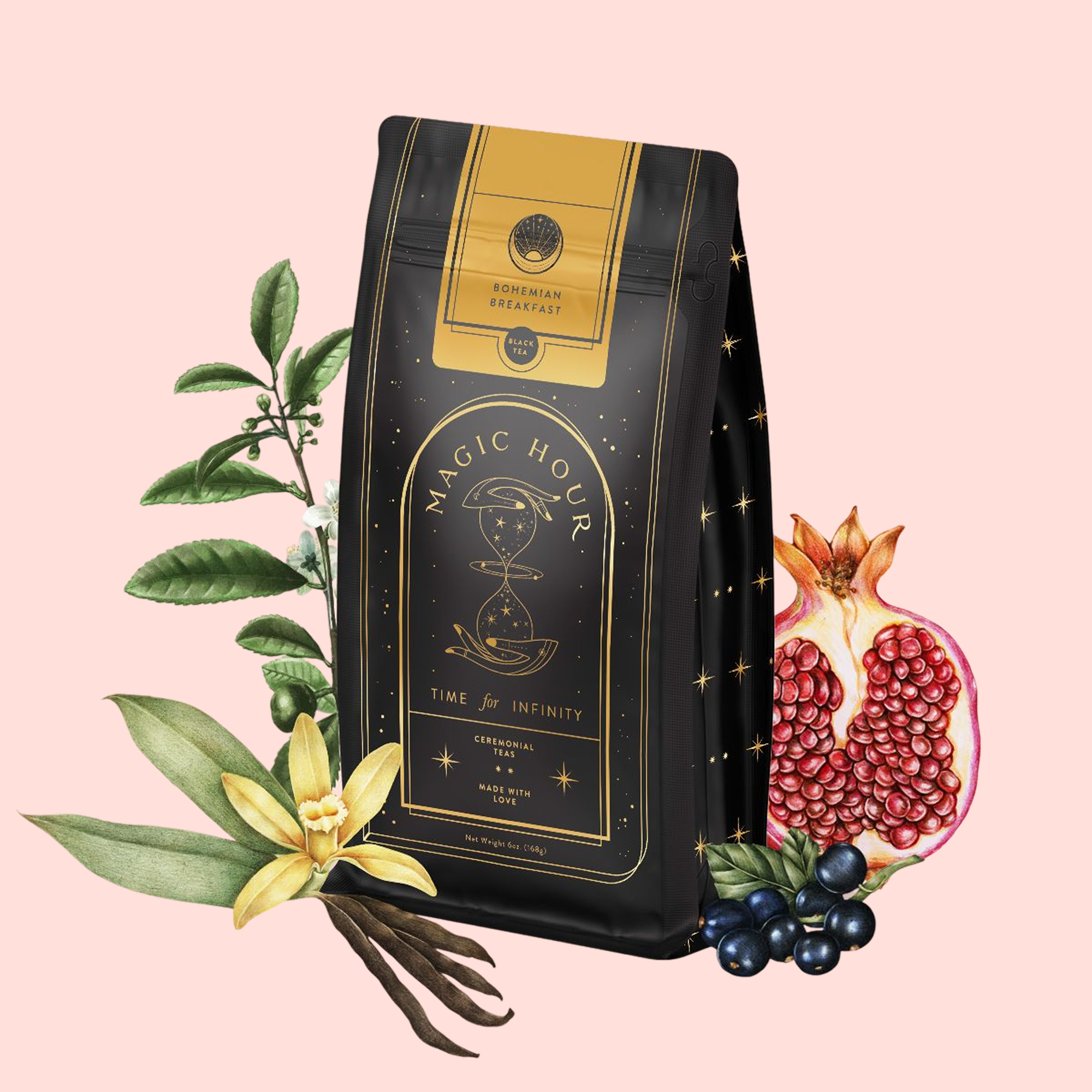A black and gold bag of "Bohemian Breakfast Vanilla Puerh Black Tea for Digestion & Energy" with celestial designs is surrounded by tea leaves, vanilla flower and pod, pomegranate, and dark berries on a light pink background.