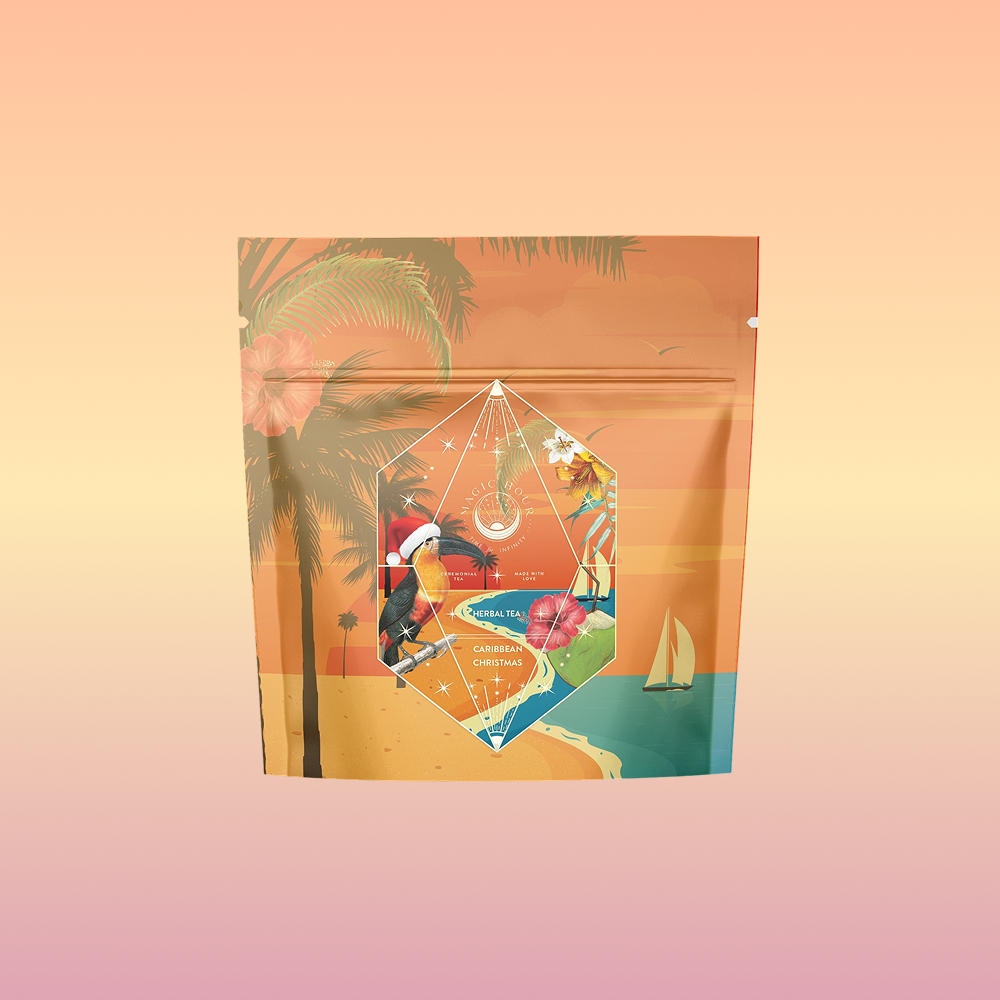 Hibiscus Holiday comes in a colorful resealable pouch with a tropical beach scene—palm trees, sailboat, flowers, and birds. A diamond-shaped label with fruit and vibrant designs on an orange-to-pink gradient makes it perfect for your holiday tea blend.