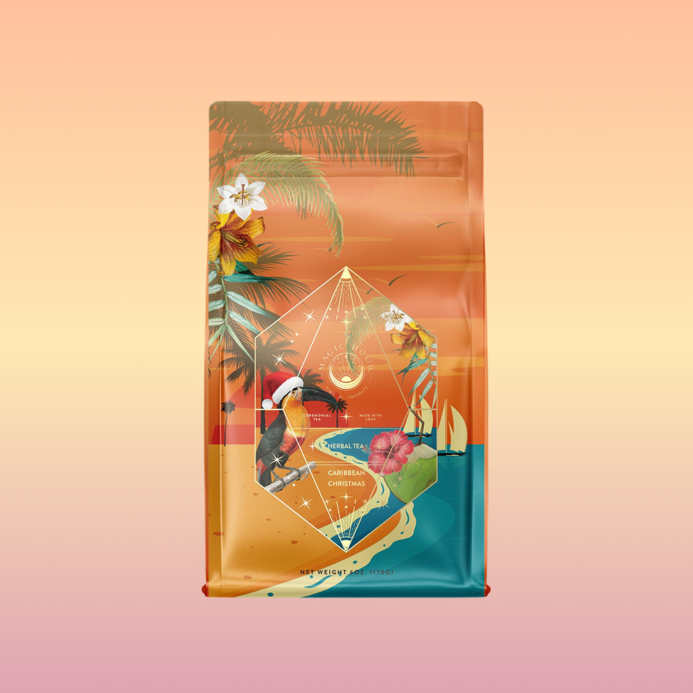The Hibiscus Holiday coffee bag features tropical artwork with palm trees, flowers, and a parrot on an orange and blue background. Geometric accents create a festive feel, perfect for vibrant Ayurvedic wellness rituals or a Caribbean-inspired celebration.