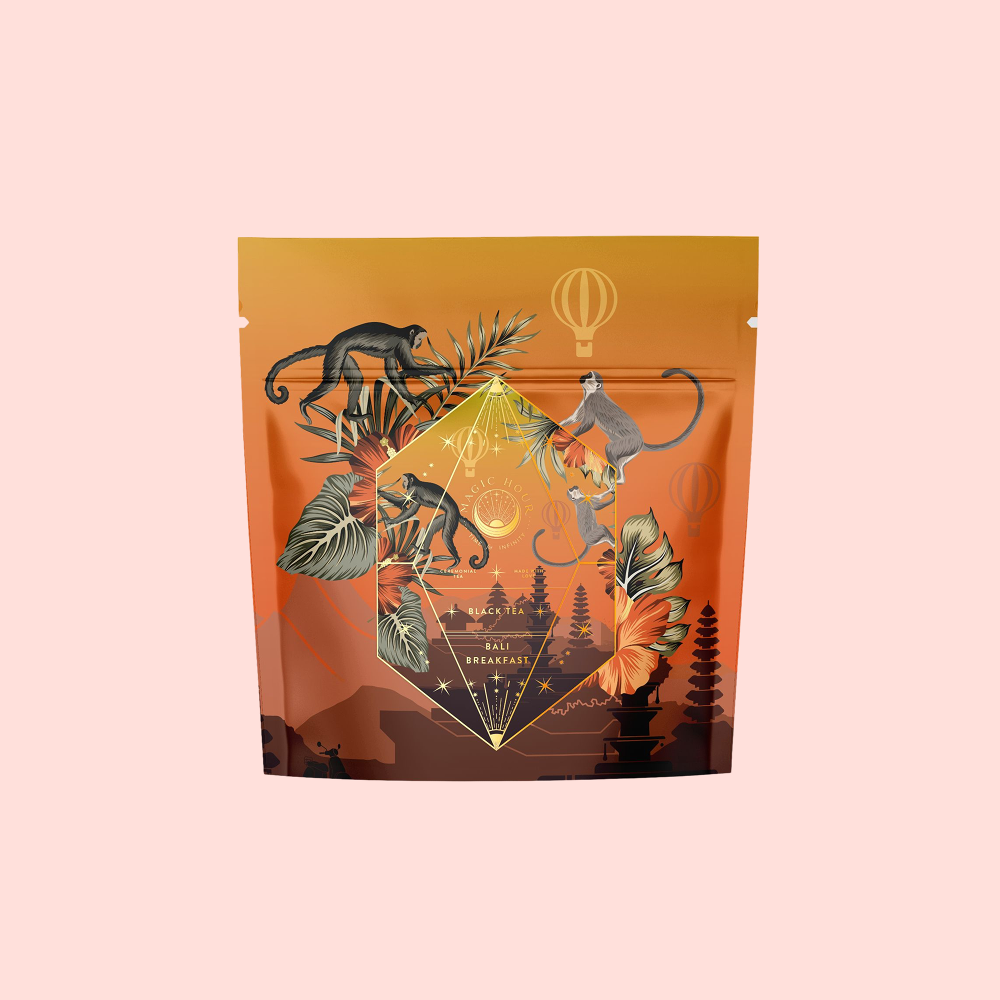 A vibrant coffee bag featuring monkeys, tropical leaves, and geometric shapes on an orange backdrop with pagodas and a hot air balloon—perfect for showcasing Bali Bliss: Coconut-Lime & Ginger-Melon White Tea.