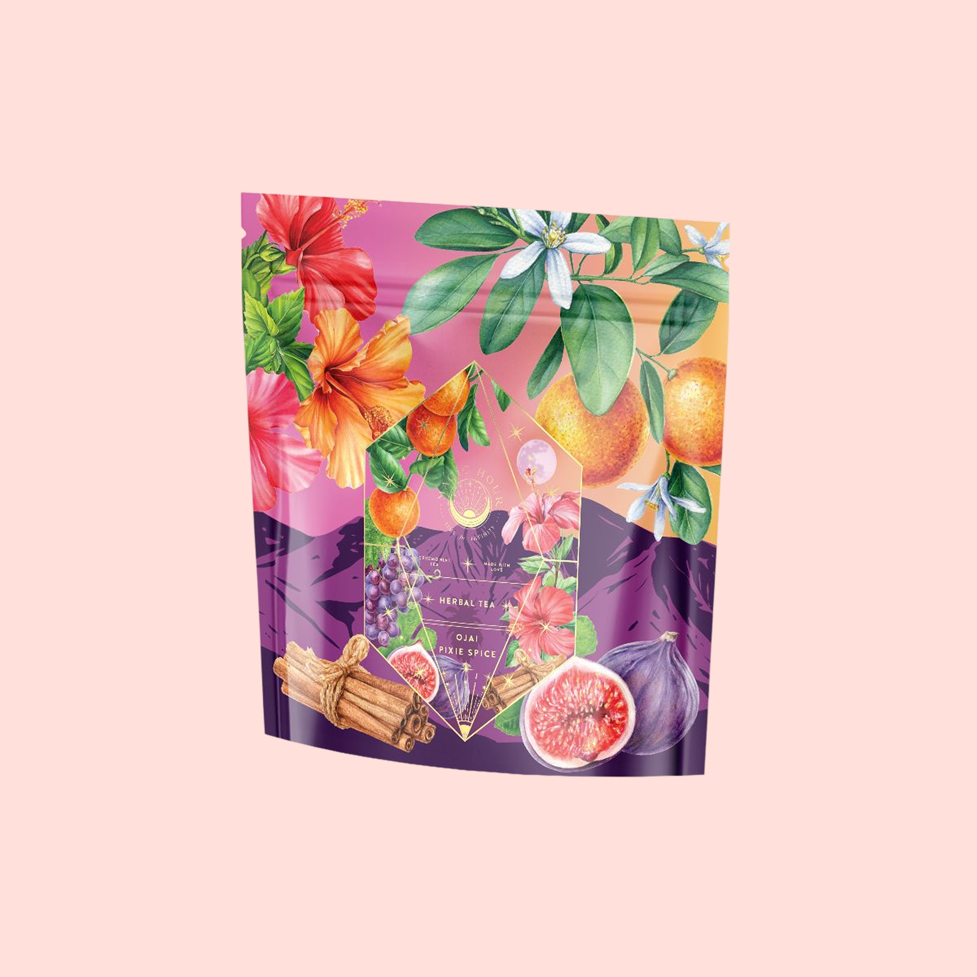 The Pink Moment Pixie - Hibiscus Tangerine Dream Herbal Tea comes in a vibrant package with floral and fruit designs featuring elderberry, figs, grapes, cinnamon sticks, and green leaves on a pink background. Naturally caffeine free.