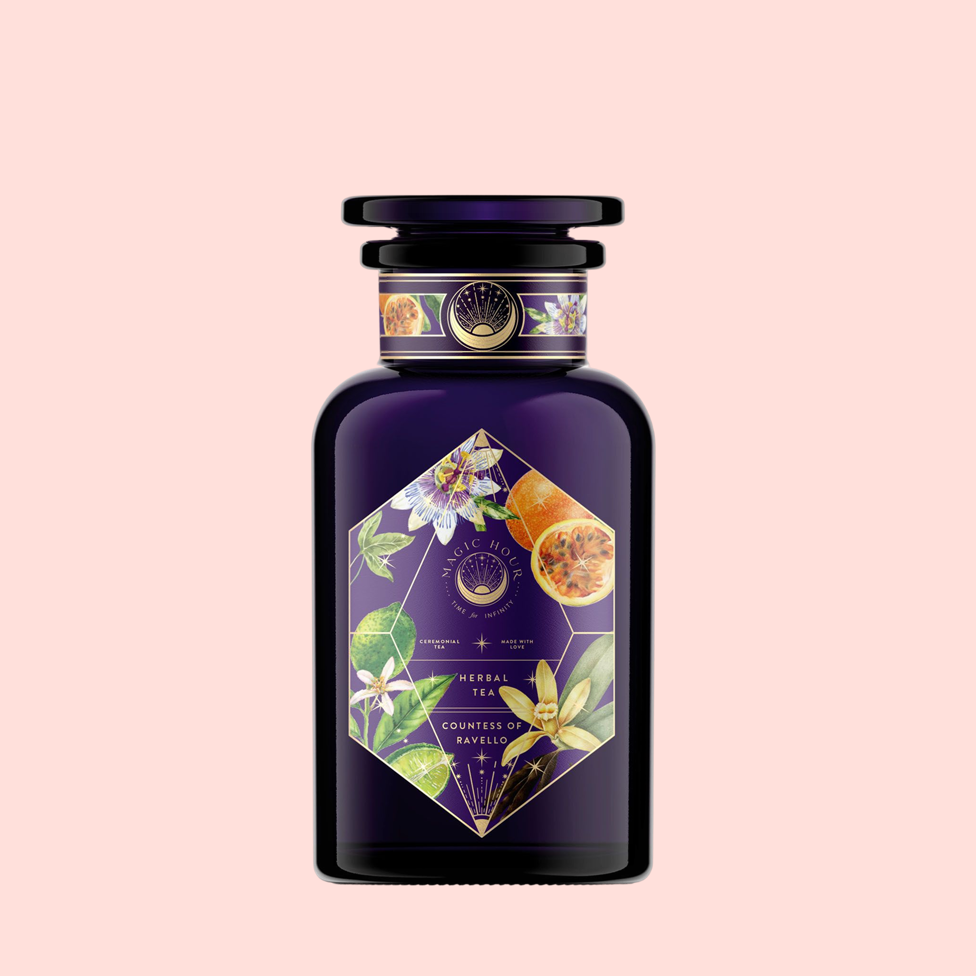 A dark purple glass bottle with a decorative label of leaves, flowers, and fruit highlights the "Romance in Ravello - Chocolate-Passionfruit-Rose-Cream White Tea," set against a light pink background.