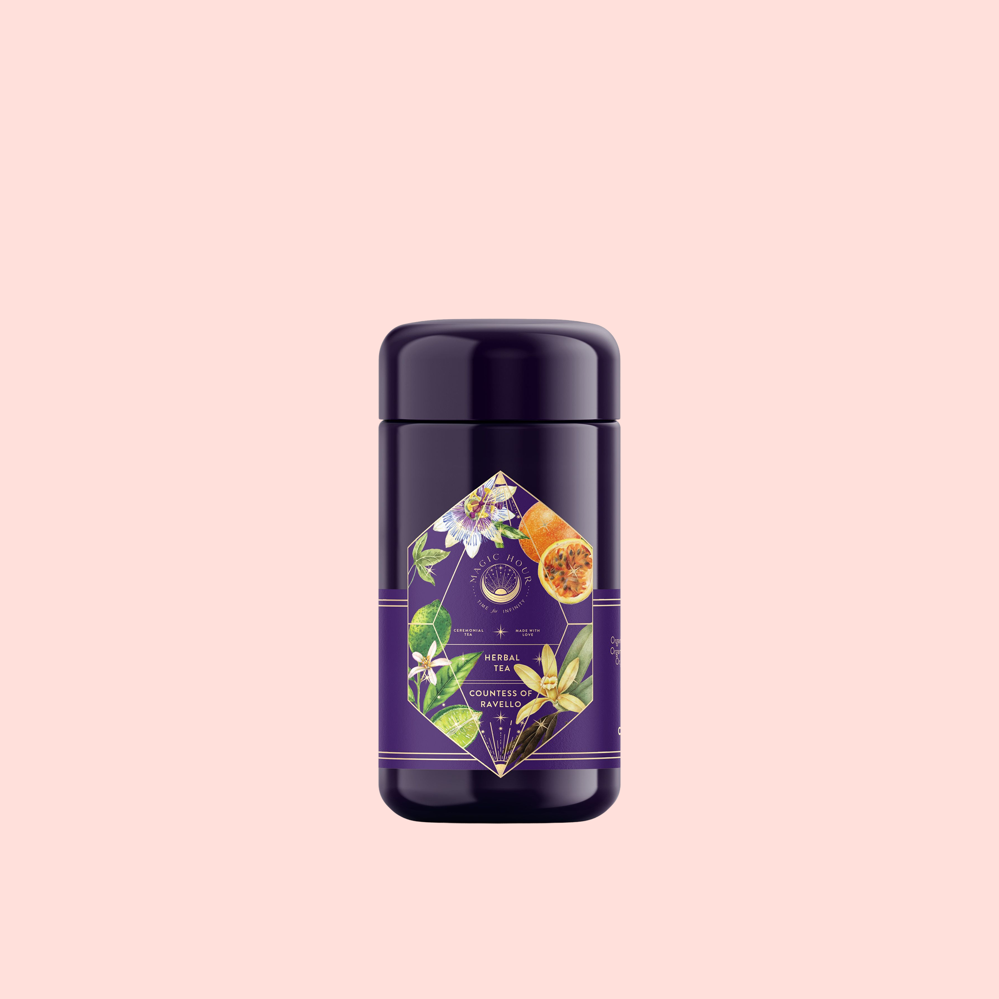 A dark purple cylindrical container labeled with botanical illustrations of flowers, leaves, and citrus, showcases Romance in Ravello Chocolate-Passionfruit-Rose-Cream White Tea, set against a light pink background.