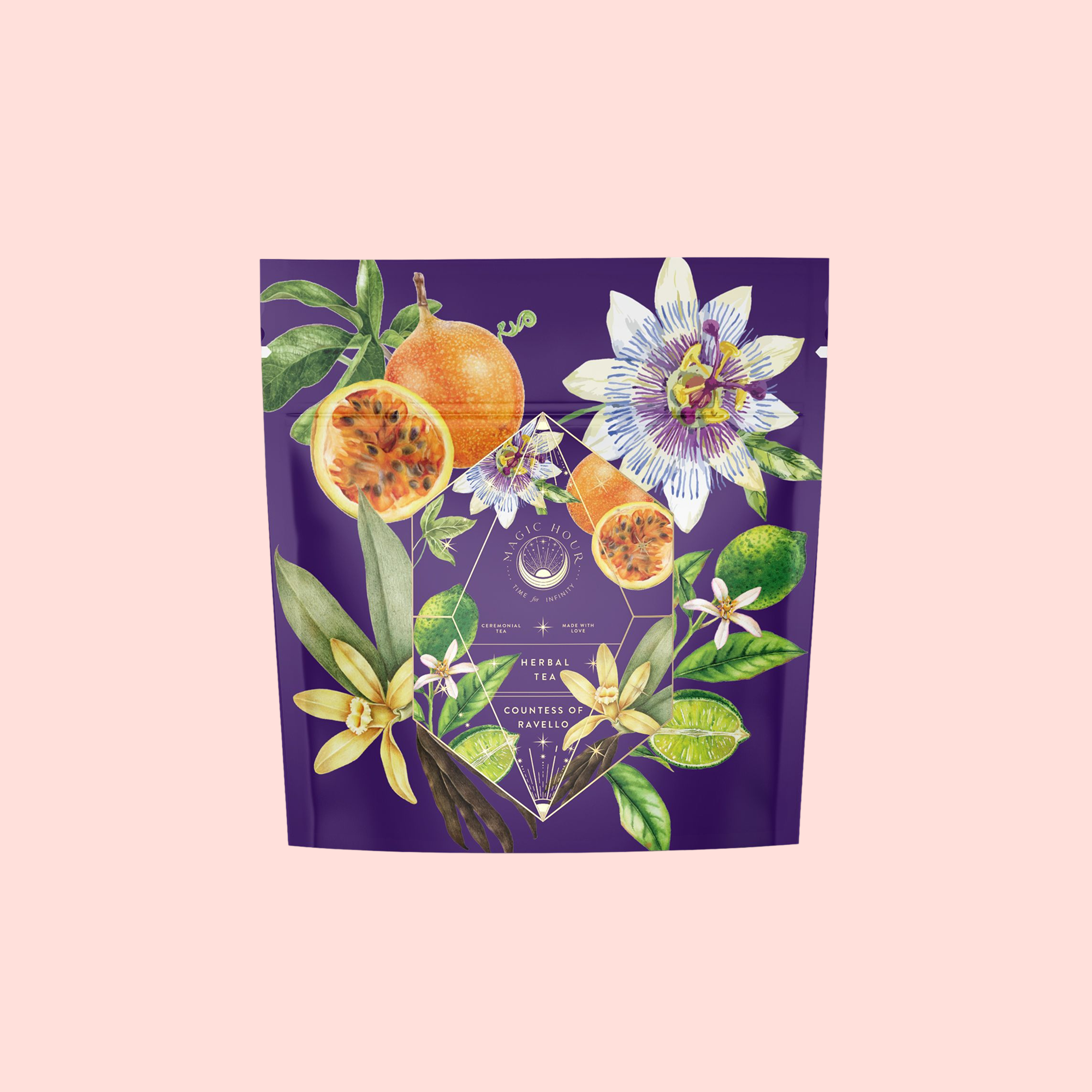 A purple tea package with colorful illustrations features “Romance in Ravello - Chocolate-Passionfruit-Rose-Cream White Tea,” a passion fruit blend inspired by the Amalfi Coast, with orange slices, flowers, and green leaves on a light pink background.