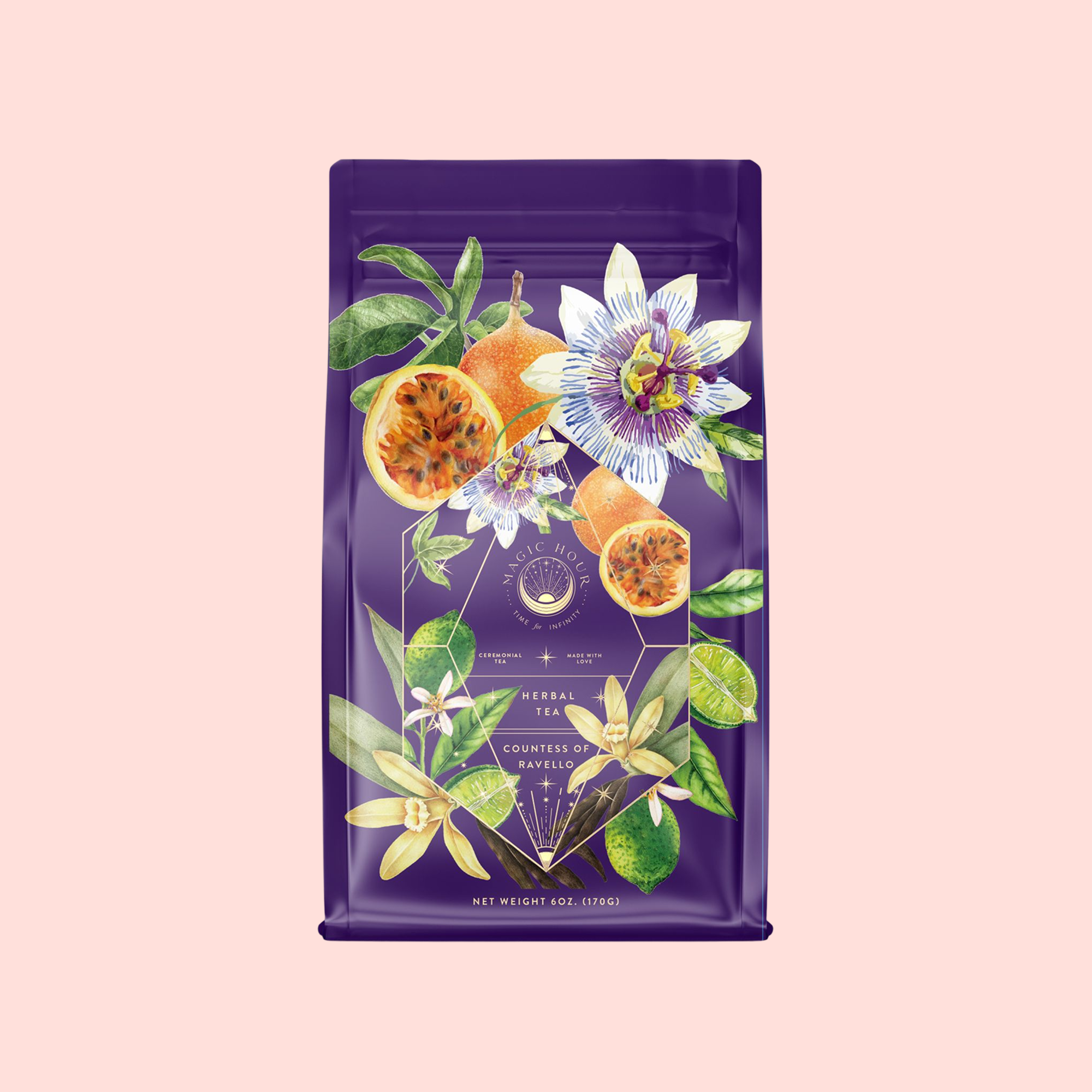 A purple tea bag with illustrated passion fruit, leaves, and flowers features gold accents and text: "Romance in Ravello - Chocolate-Passionfruit-Rose-Cream White Tea" on a light pink background.