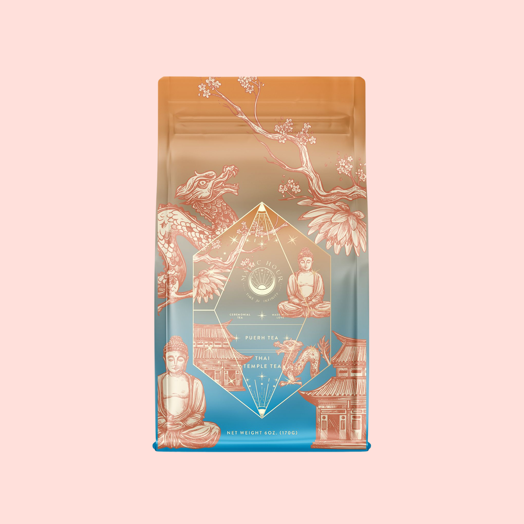 A vibrant Thai Temple Tea package shows dragons, cherry blossoms, lotus flowers, Buddha statues, and temples in orange, peach, and blue. The label highlights "Probiotic-rich Puerh Thai Temple Tea.