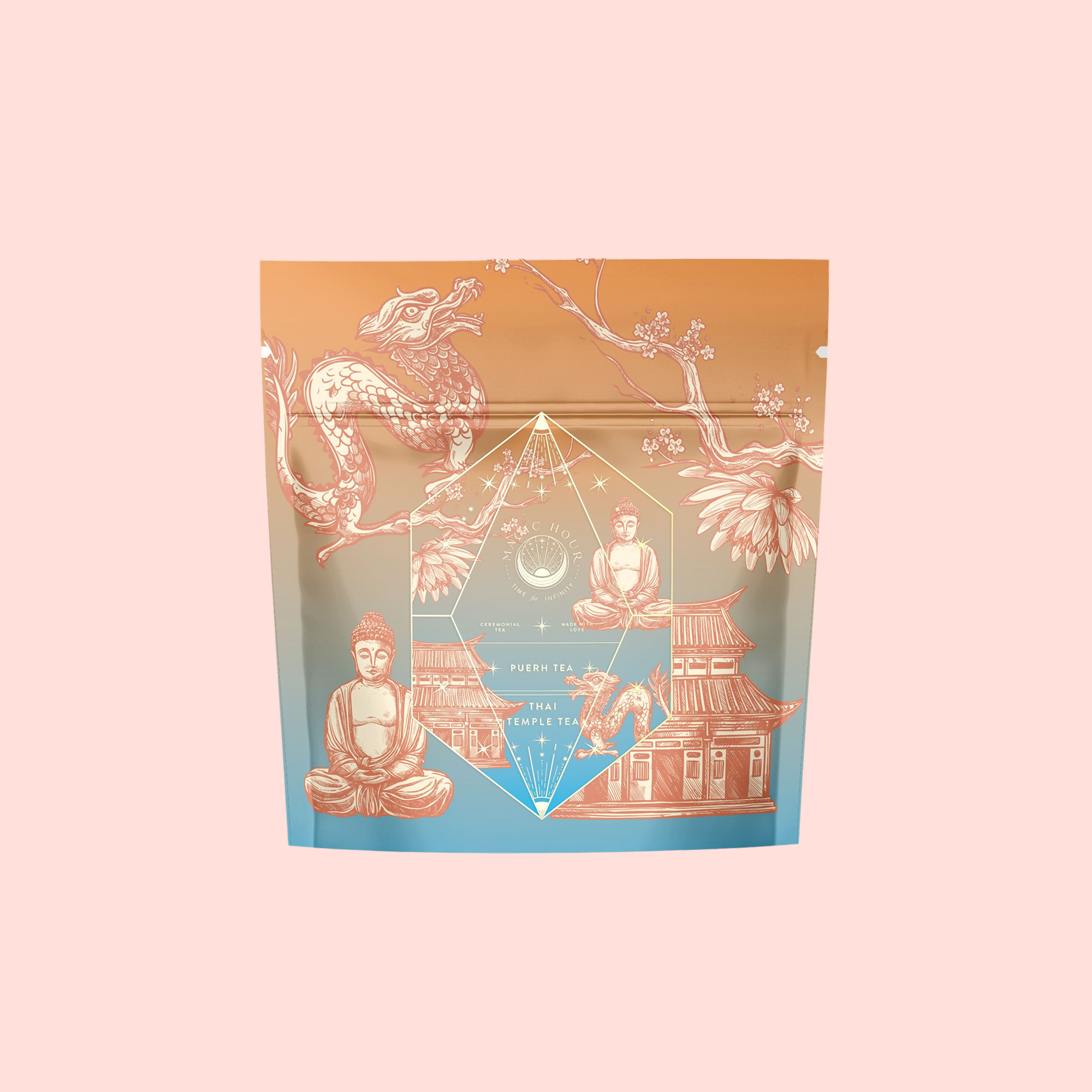 The Thai Temple Tea package features an orange-to-blue gradient with illustrations of a dragon, Buddha statue, flowers, a geometric motif, and an East Asian temple. This blend combines probiotic-rich Puerh with immune-supporting Star Anise.