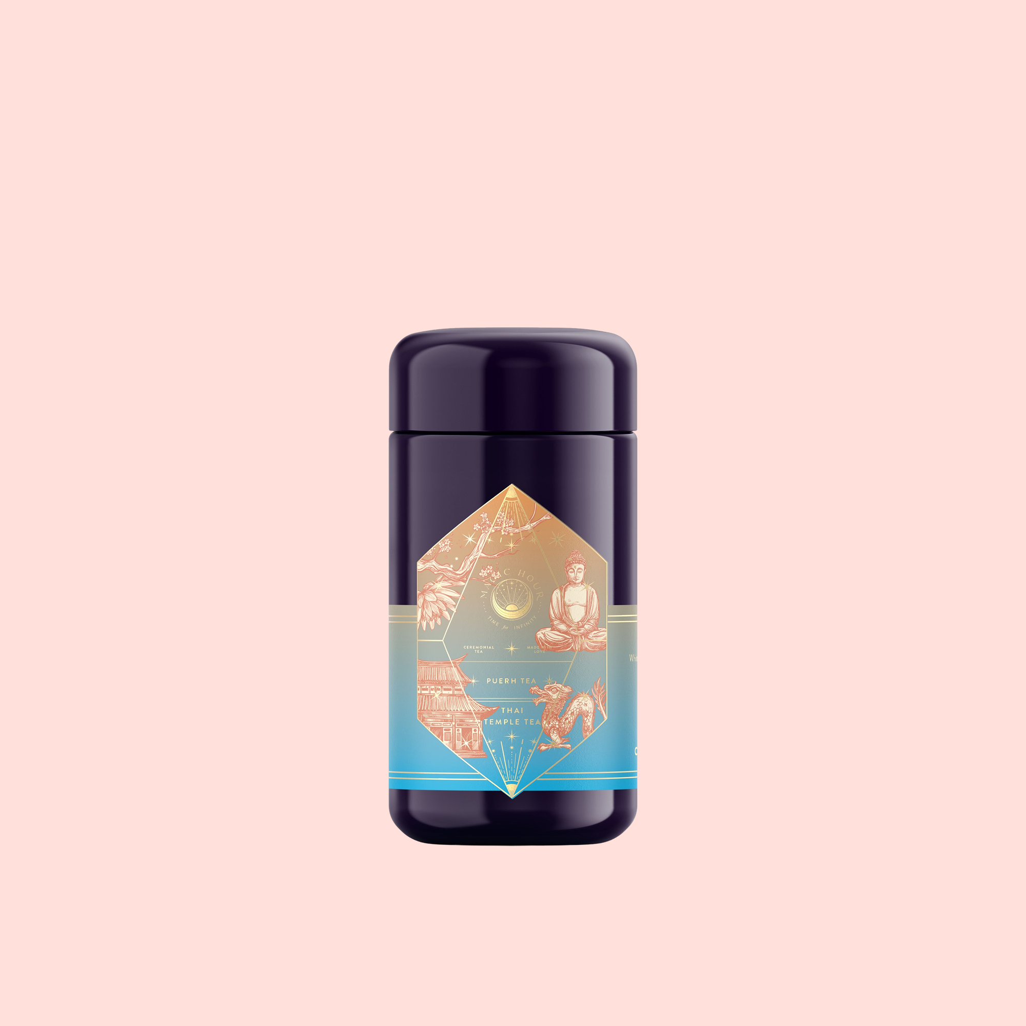 A dark purple cylindrical container with a reflective finish, labeled with mystical imagery and blue accents, hints at probiotic-rich Thai Temple Tea Puerh, set against a pale pink background.
