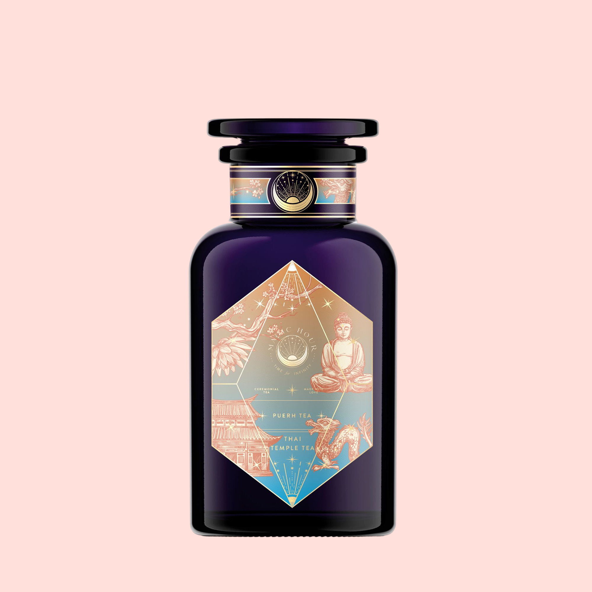 A dark purple Thai Temple Tea perfume bottle with a gold and pastel label featuring a meditating figure, architectural and celestial designs inspired by immune-supporting Star Anise, set against a light pink background.