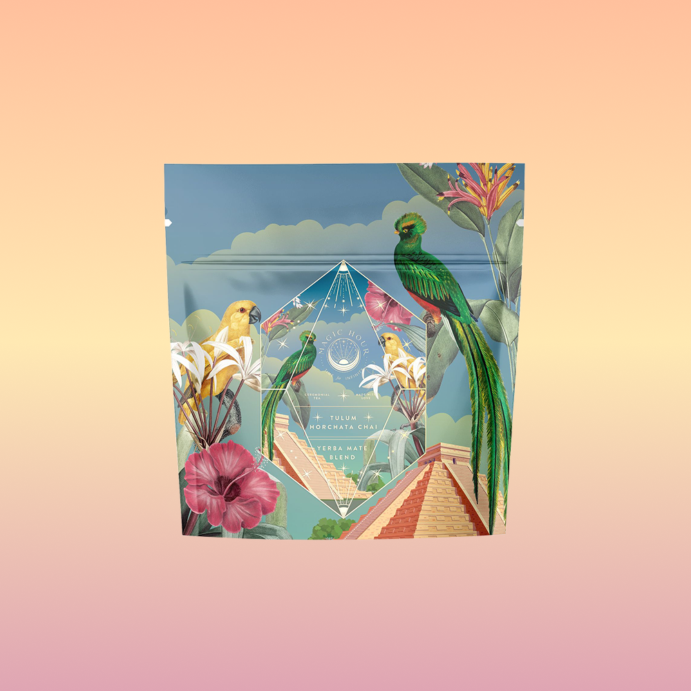 A pastel gradient pouch for Tulum Horchata Chai, adorned with illustrated tropical birds, flowers, and foliage on a geometric sky background, designed to hold a soothing adaptogenic wellness potion featuring ashwagandha.