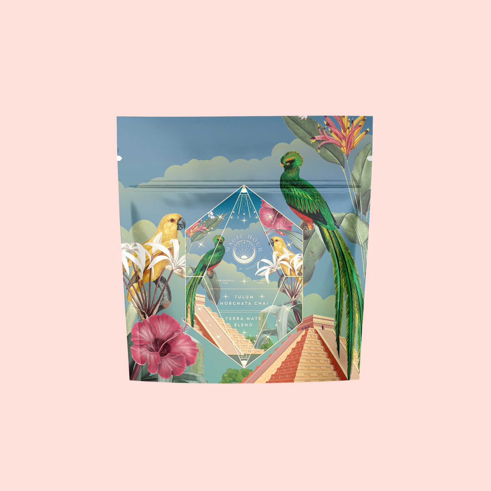 A vibrant pouch for Tulum Horchata Chai featuring illustrated tropical birds, flowers, and greenery on a pastel background with geometric and botanical elements—perfect for this adaptogenic wellness blend.